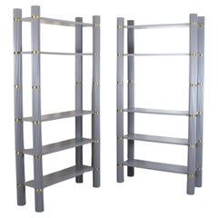 Vintage Pair of gray lacquered wooden shelves with fluted uprights and gilt brass detail