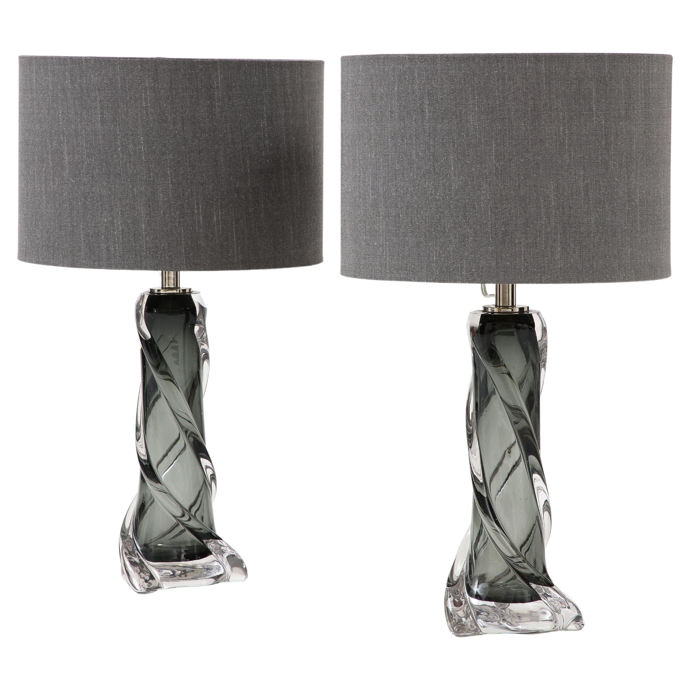 Pair of Gray Murano Twisted Glass Lamps For Sale