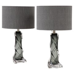 Retro Pair of Gray Murano Twisted Glass Lamps