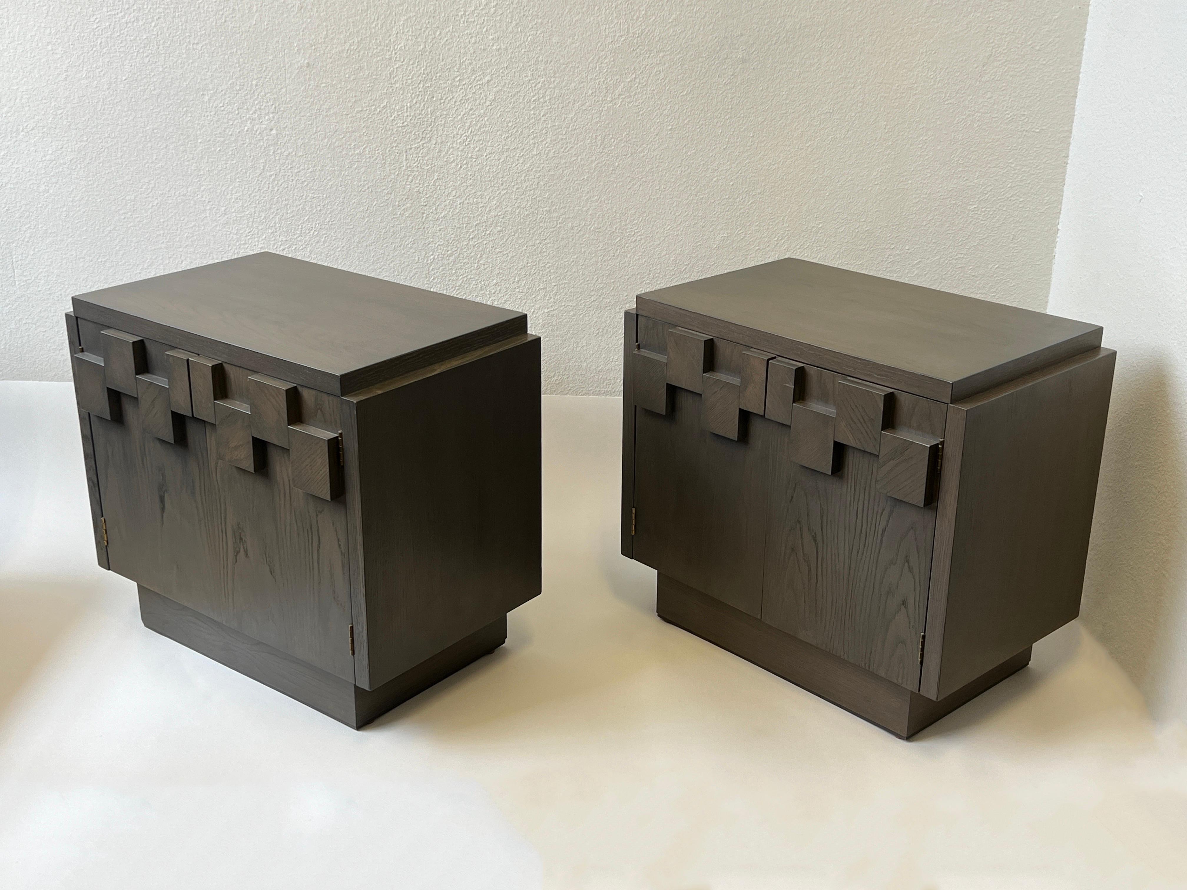 American Pair of Gray Oak Nightstands by Lane Furniture 