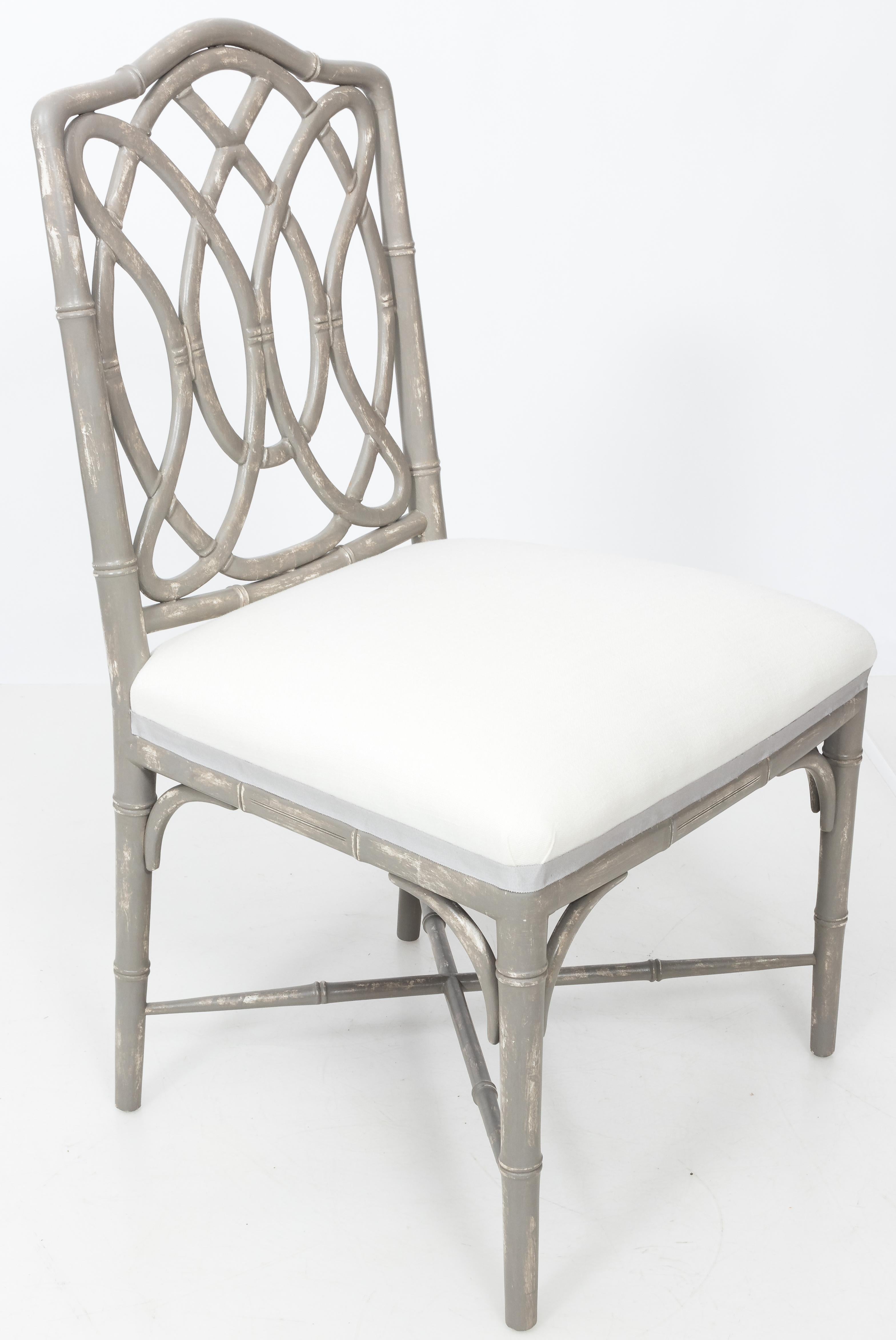 Chinoiserie Pair of Gray Painted Faux Bamboo Side Chairs For Sale