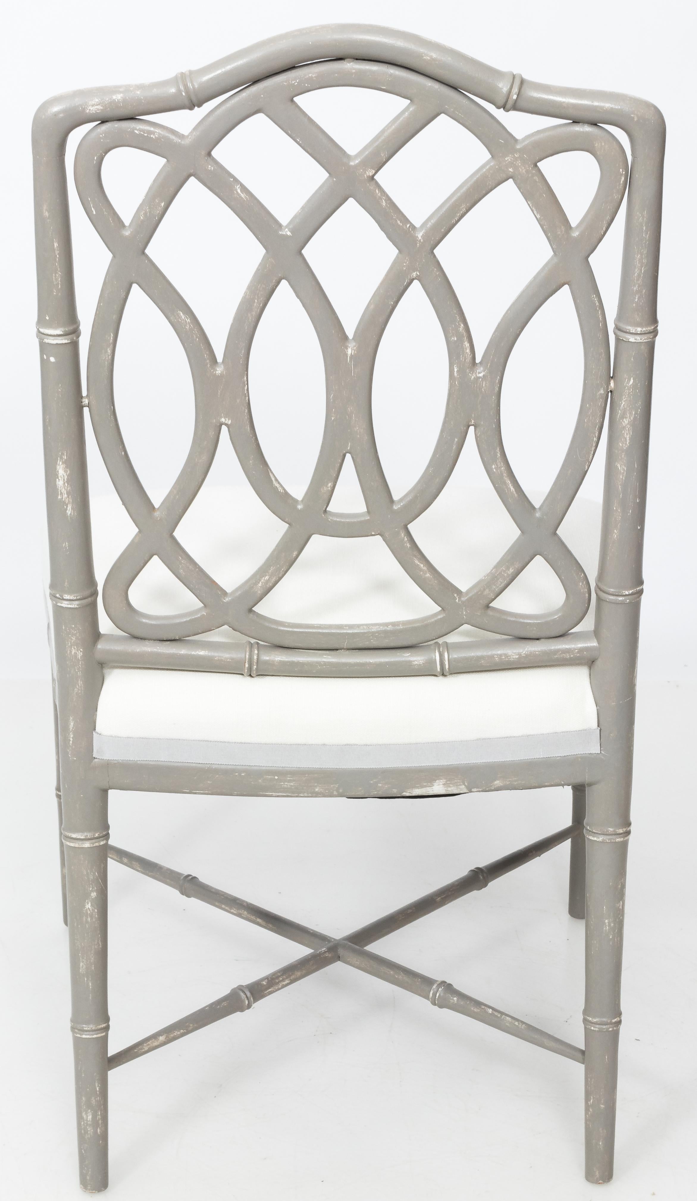 Hand-Painted Pair of Gray Painted Faux Bamboo Side Chairs For Sale