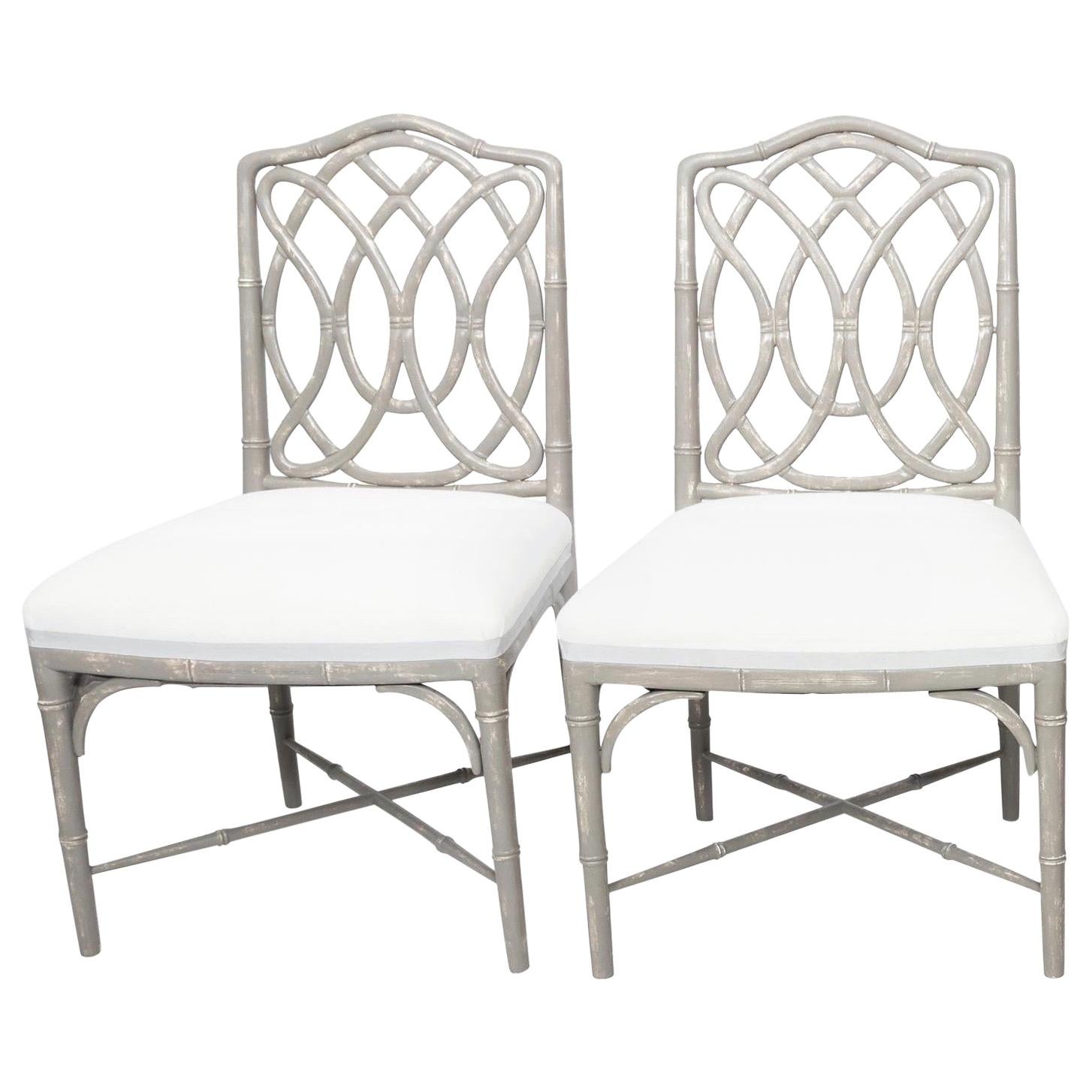 Pair of Gray Painted Faux Bamboo Side Chairs