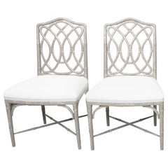 Retro Pair of Gray Painted Faux Bamboo Side Chairs