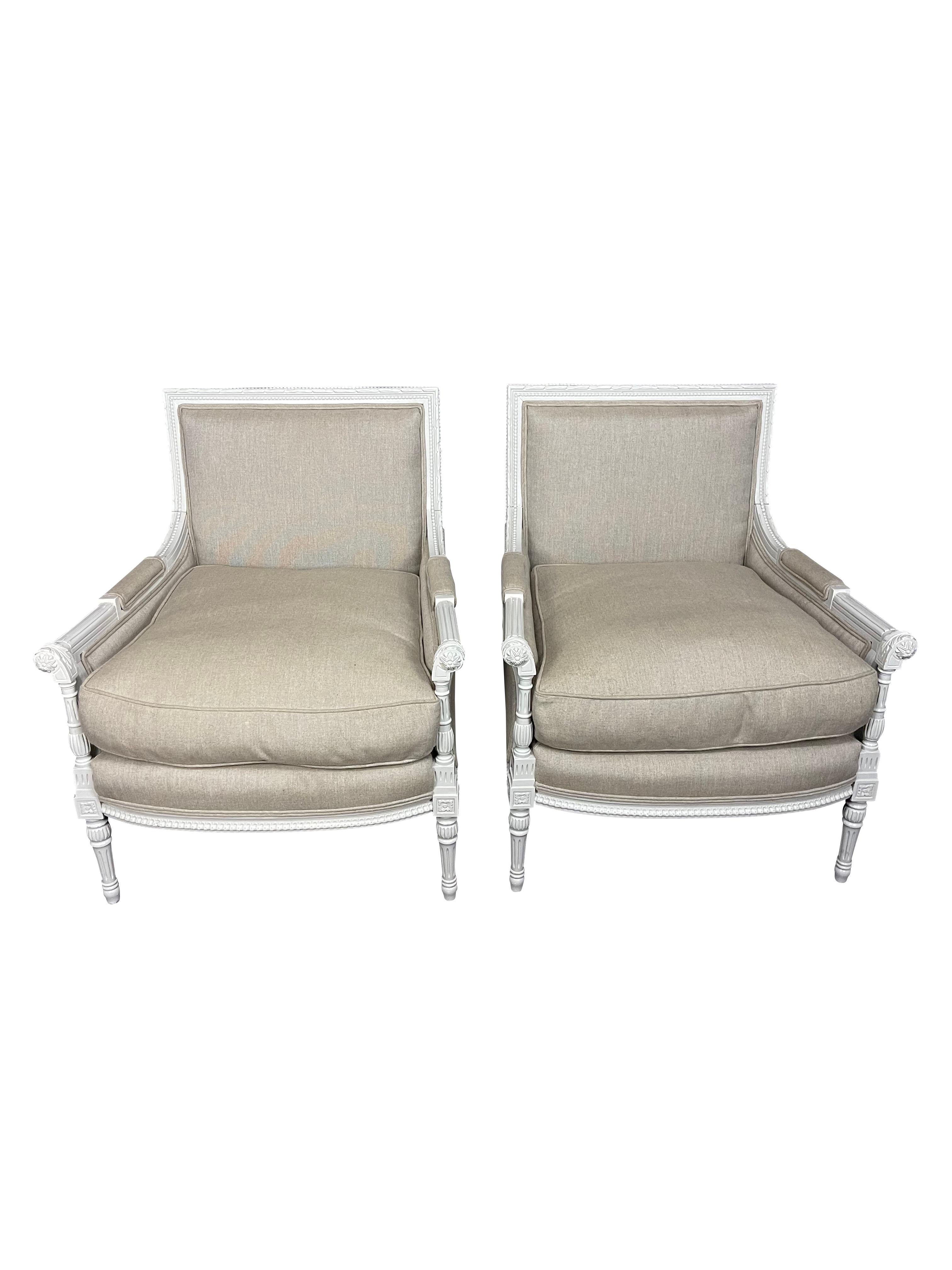 North American Pair of Gray Painted Louis XVI Directoire Style Bergeres, 20th Century