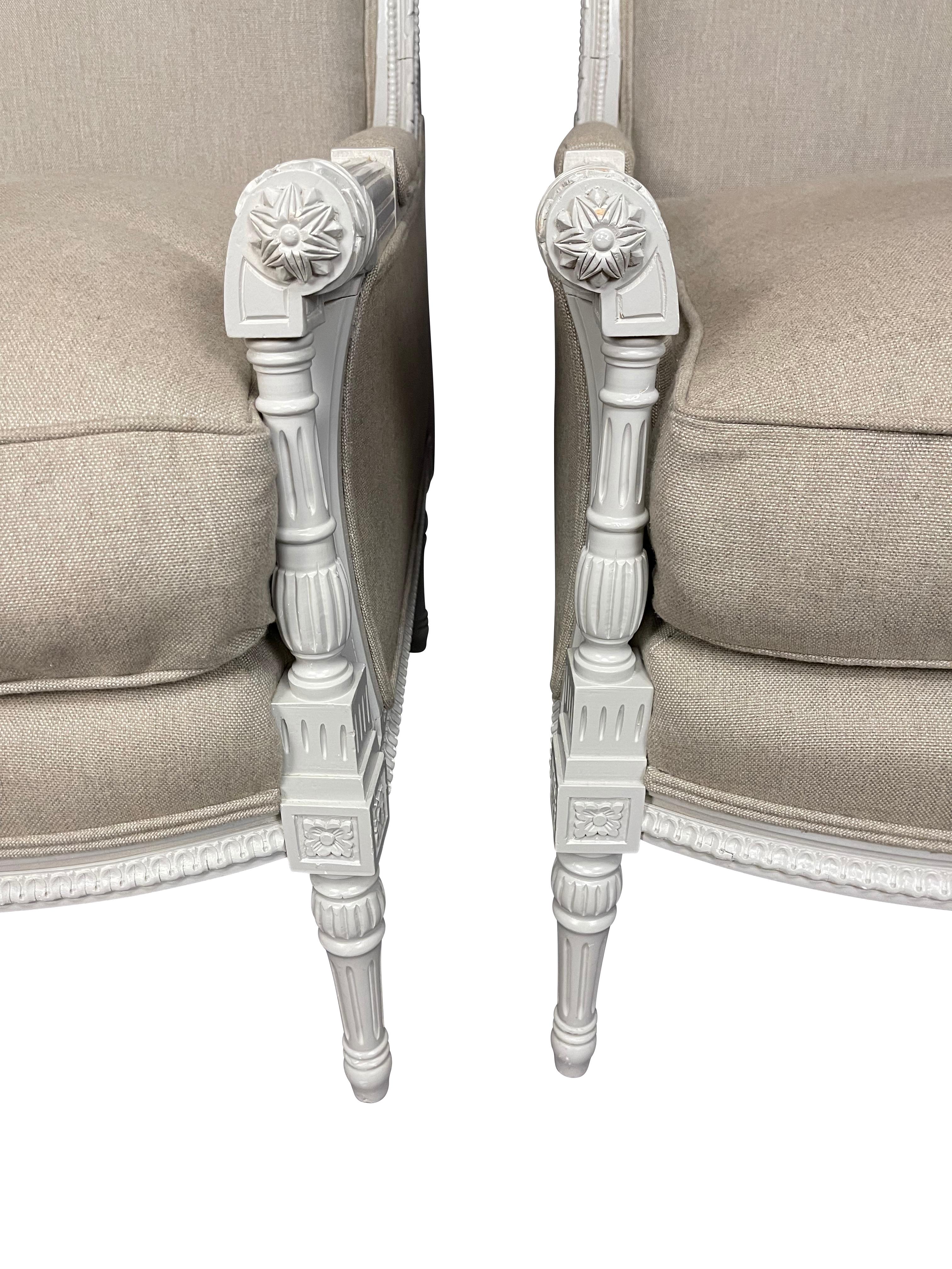 Hand-Crafted Pair of Gray Painted Louis XVI Directoire Style Bergeres, 20th Century