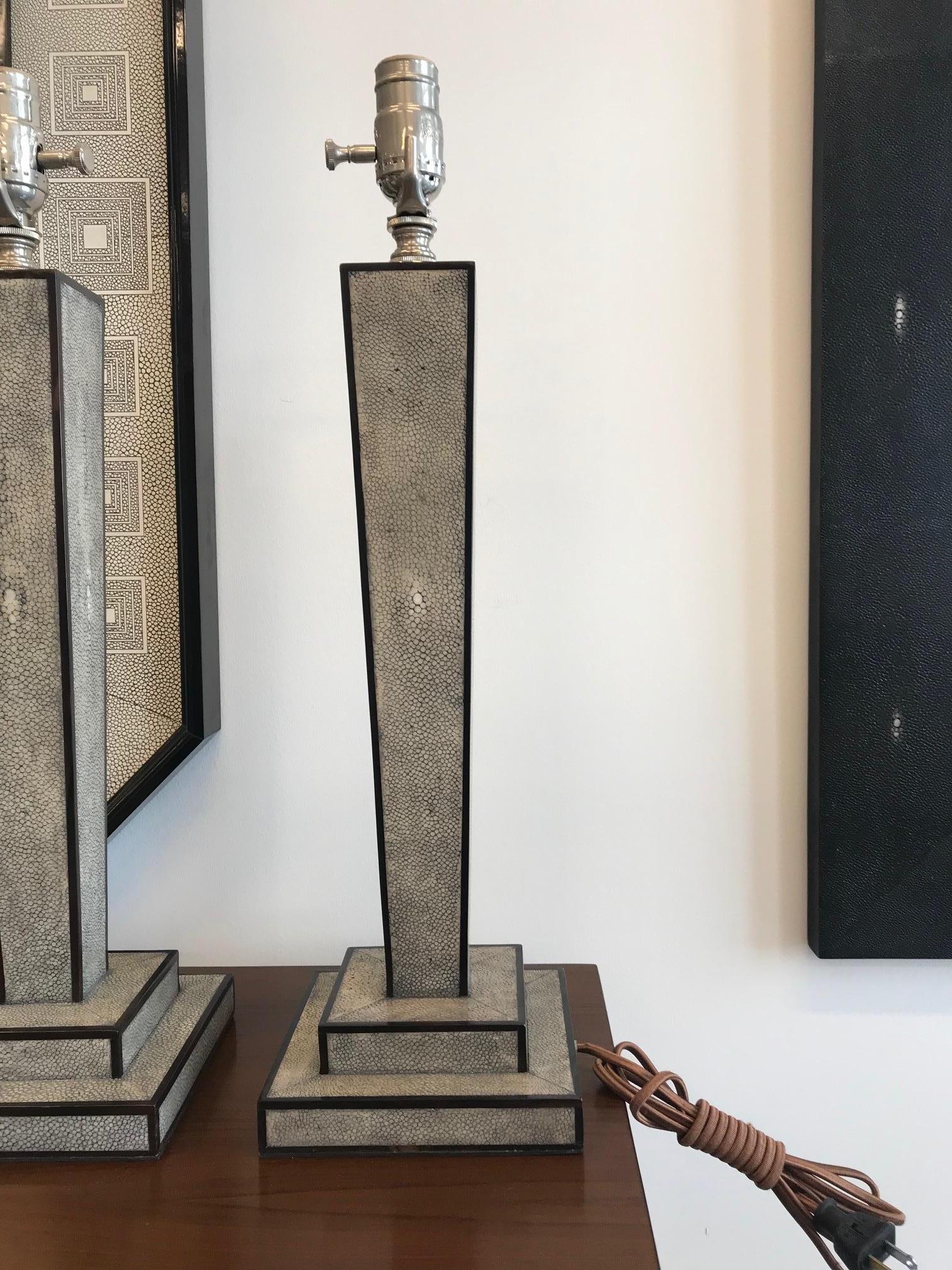 Modern Pair Of Gray Shagreen and Ebony Inlay Table Lamps For Sale