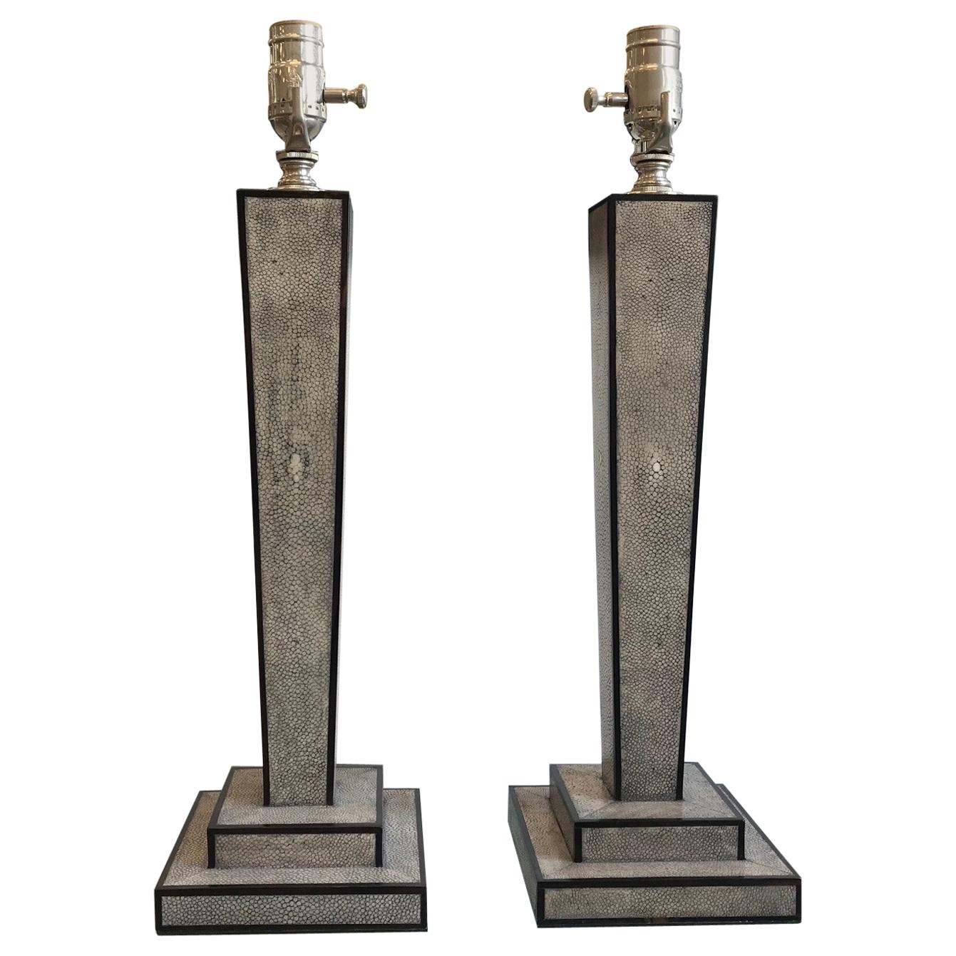 Pair Of Gray Shagreen and Ebony Inlay Table Lamps For Sale