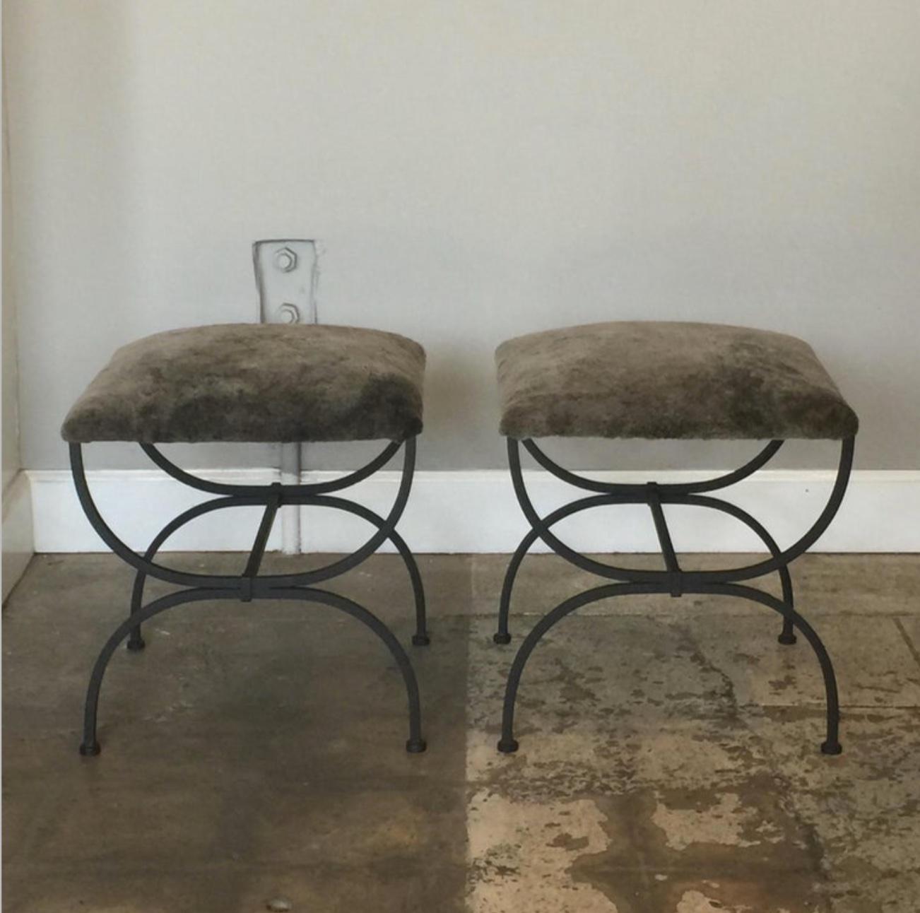Art Deco Pair of Gray Shearling 'Strapontin' Stools by Design Frères For Sale