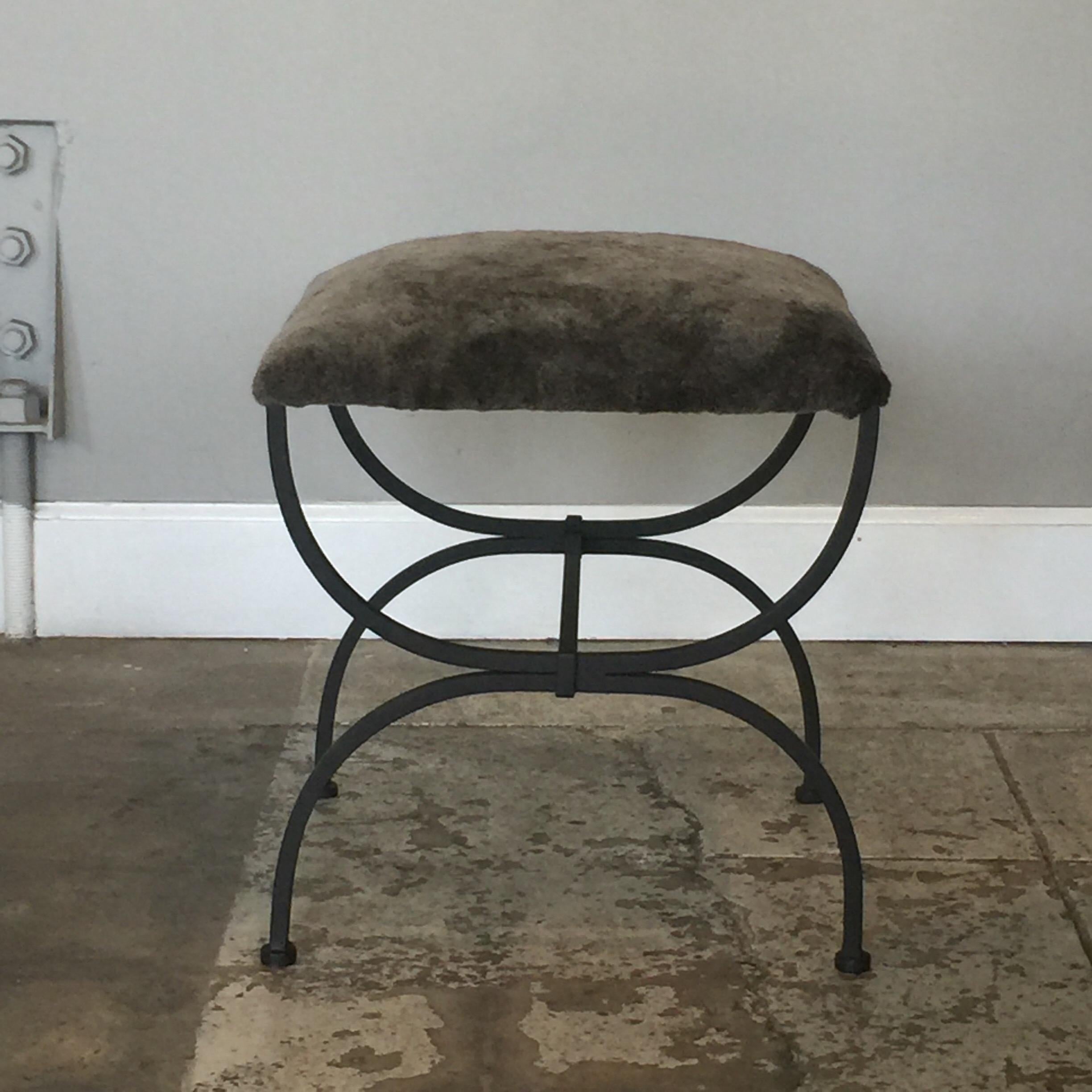 French Pair of Gray Shearling 'Strapontin' Stools by Design Frères For Sale