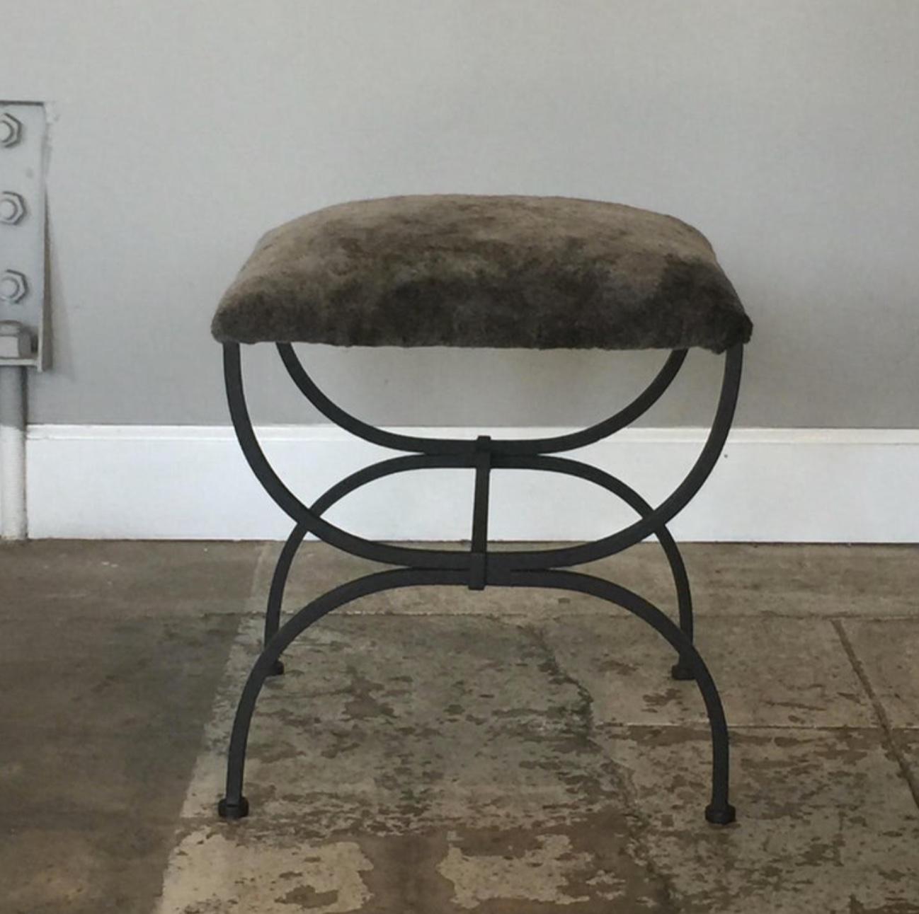 French Pair of Gray Shearling 'Strapontin' Stools by Design Frères For Sale