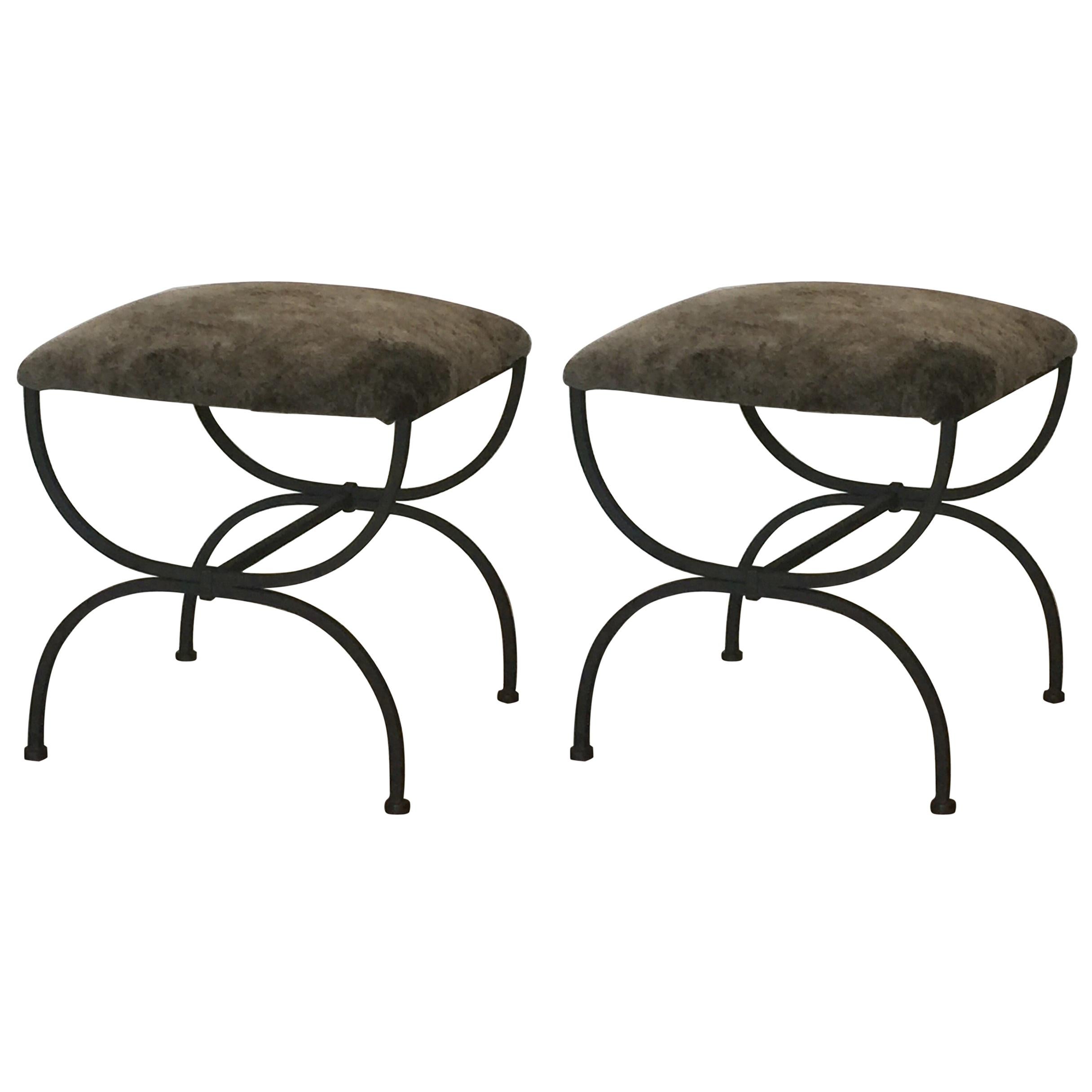 Pair of Gray Shearling 'Strapontin' Stools by Design Frères