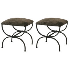 Vintage Pair of Gray Shearling 'Strapontin' Stools by Design Frères