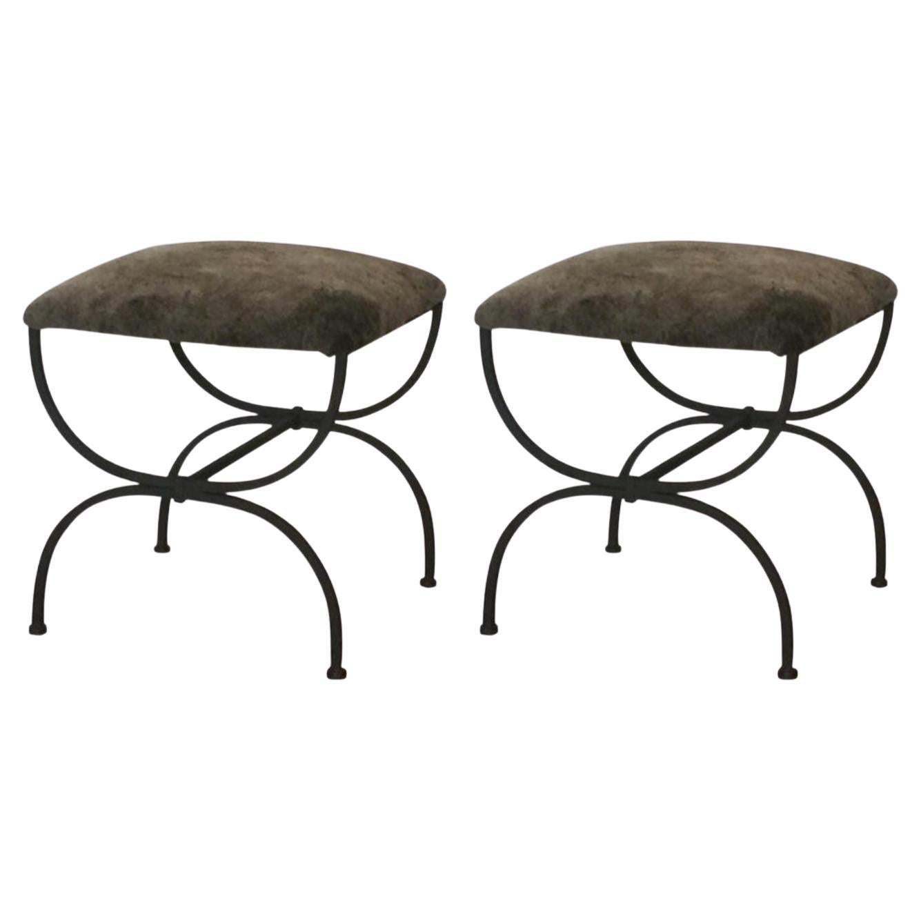 Pair of Gray Shearling 'Strapontin' Stools by Design Frères For Sale
