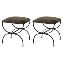 Vintage Pair of Gray Shearling 'Strapontin' Stools by Design Frères