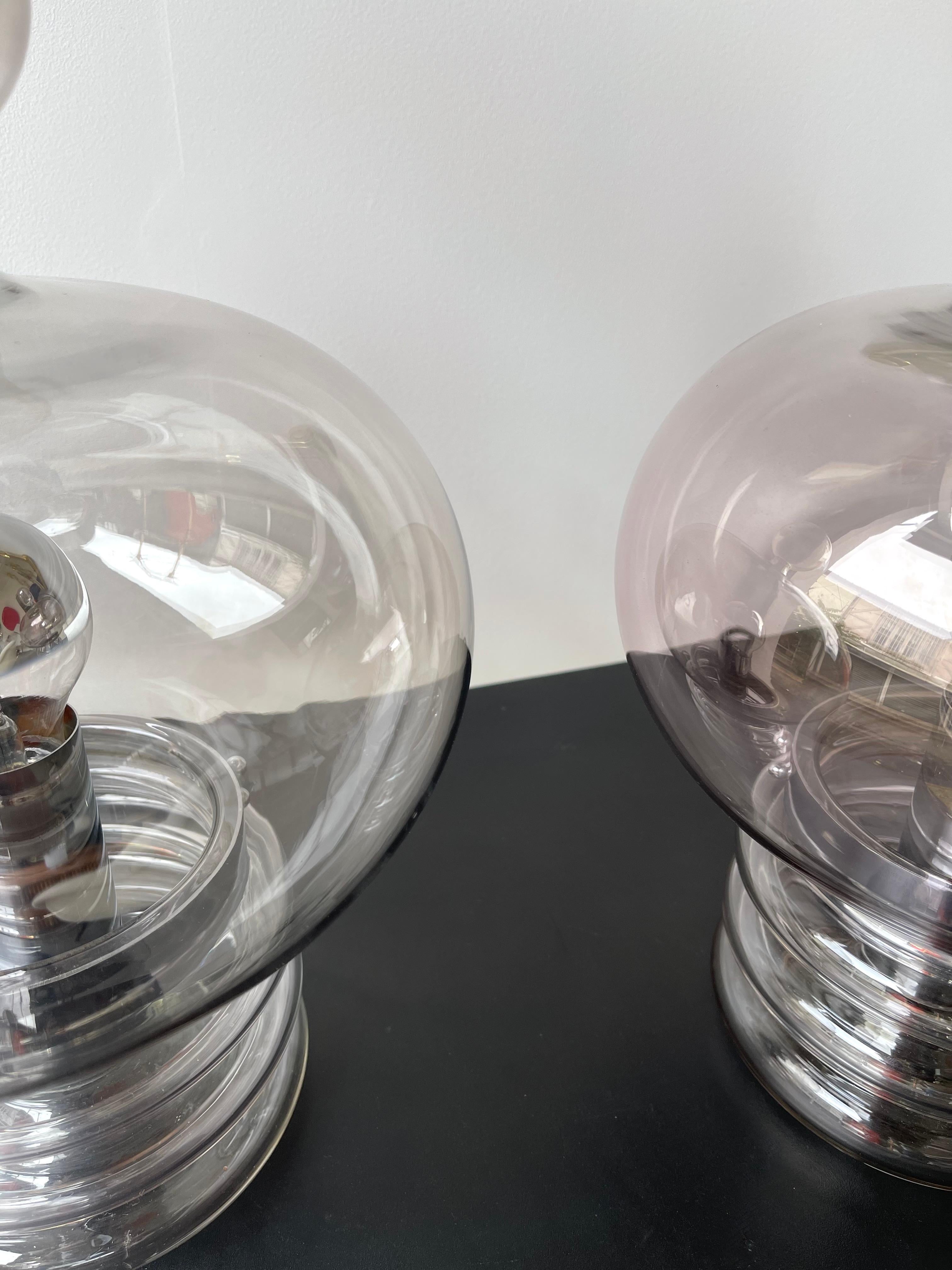 Pair of Gray Smoke Glass and Metal Lamps by Glashütte Limburg, Germany, 1970s For Sale 4