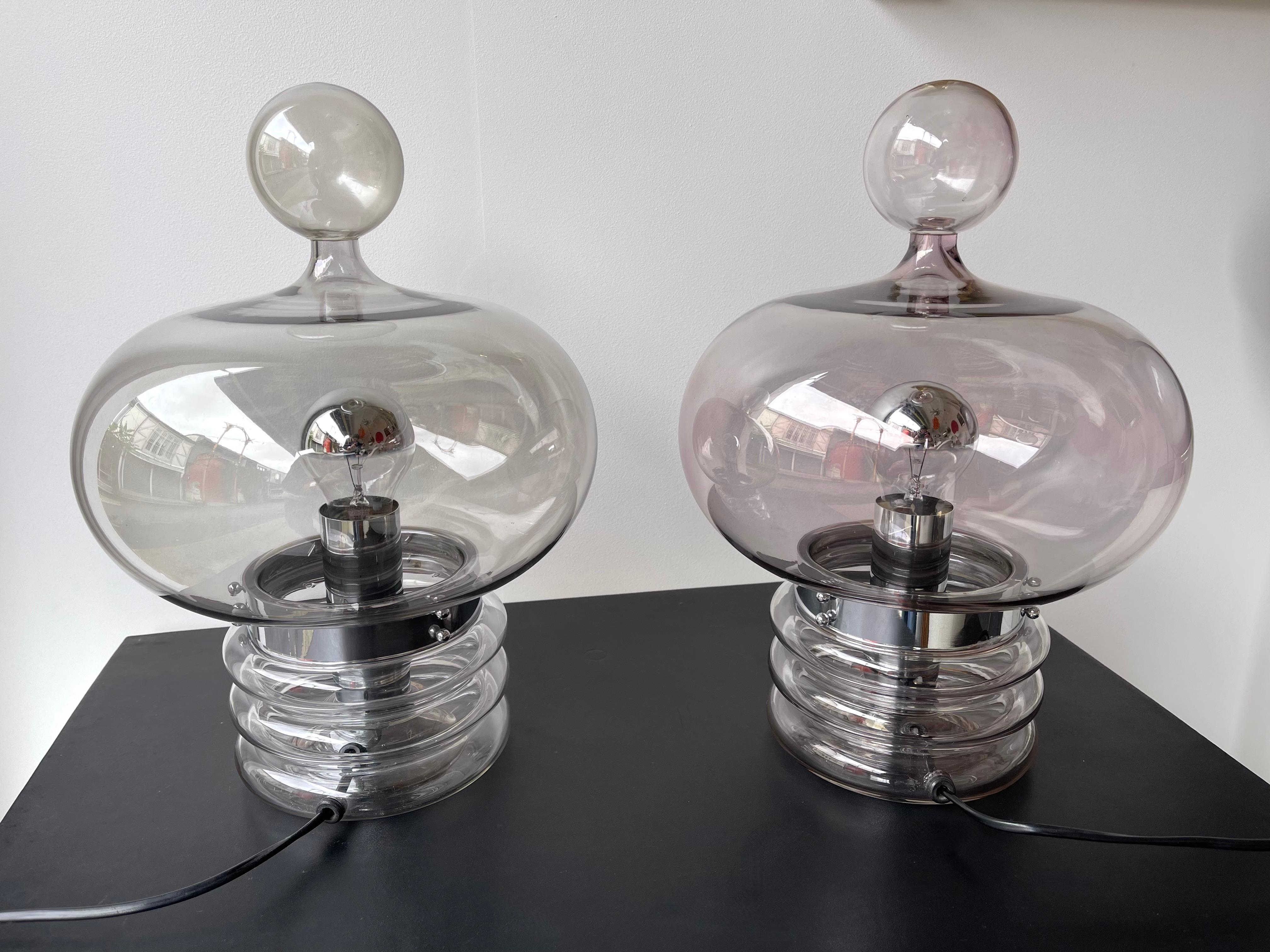 Pair of Gray Smoke Glass and Metal Lamps by Glashütte Limburg, Germany, 1970s For Sale 5