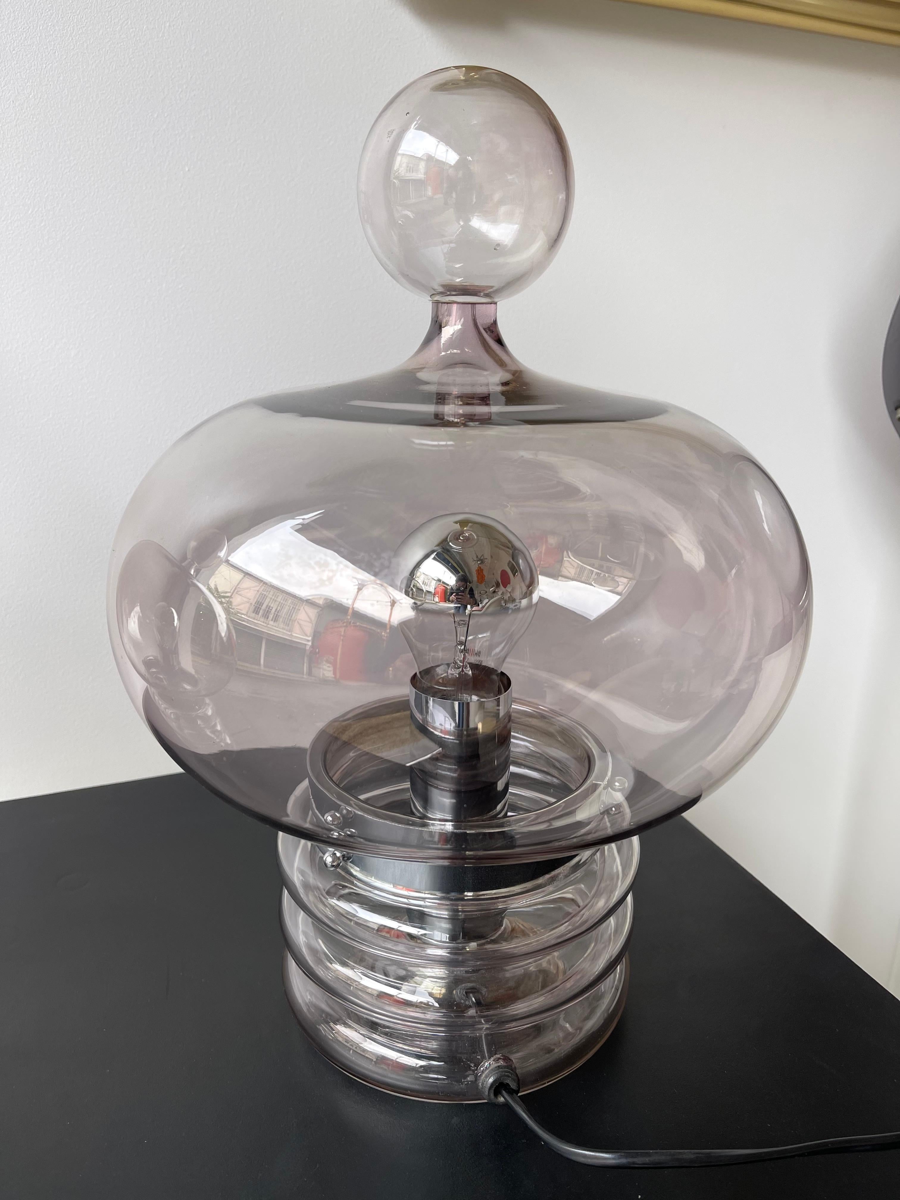 Pair of Gray Smoke Glass and Metal Lamps by Glashütte Limburg, Germany, 1970s For Sale 6