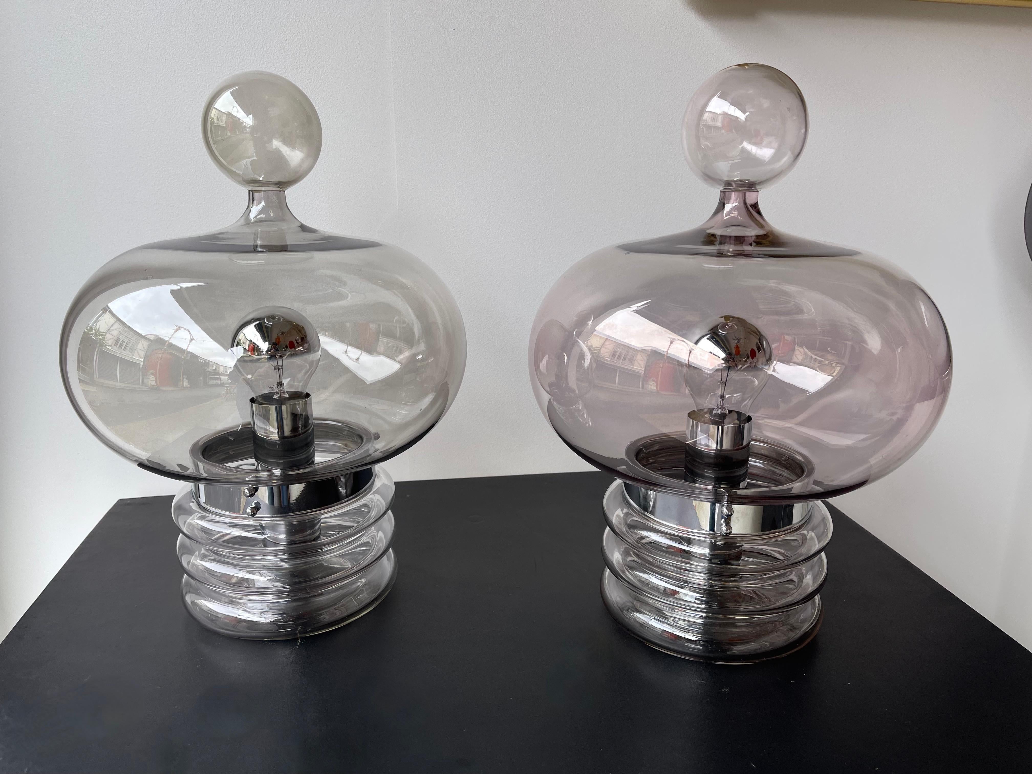 Pair of Gray Smoke Glass and Metal Lamps by Glashütte Limburg, Germany, 1970s For Sale 1
