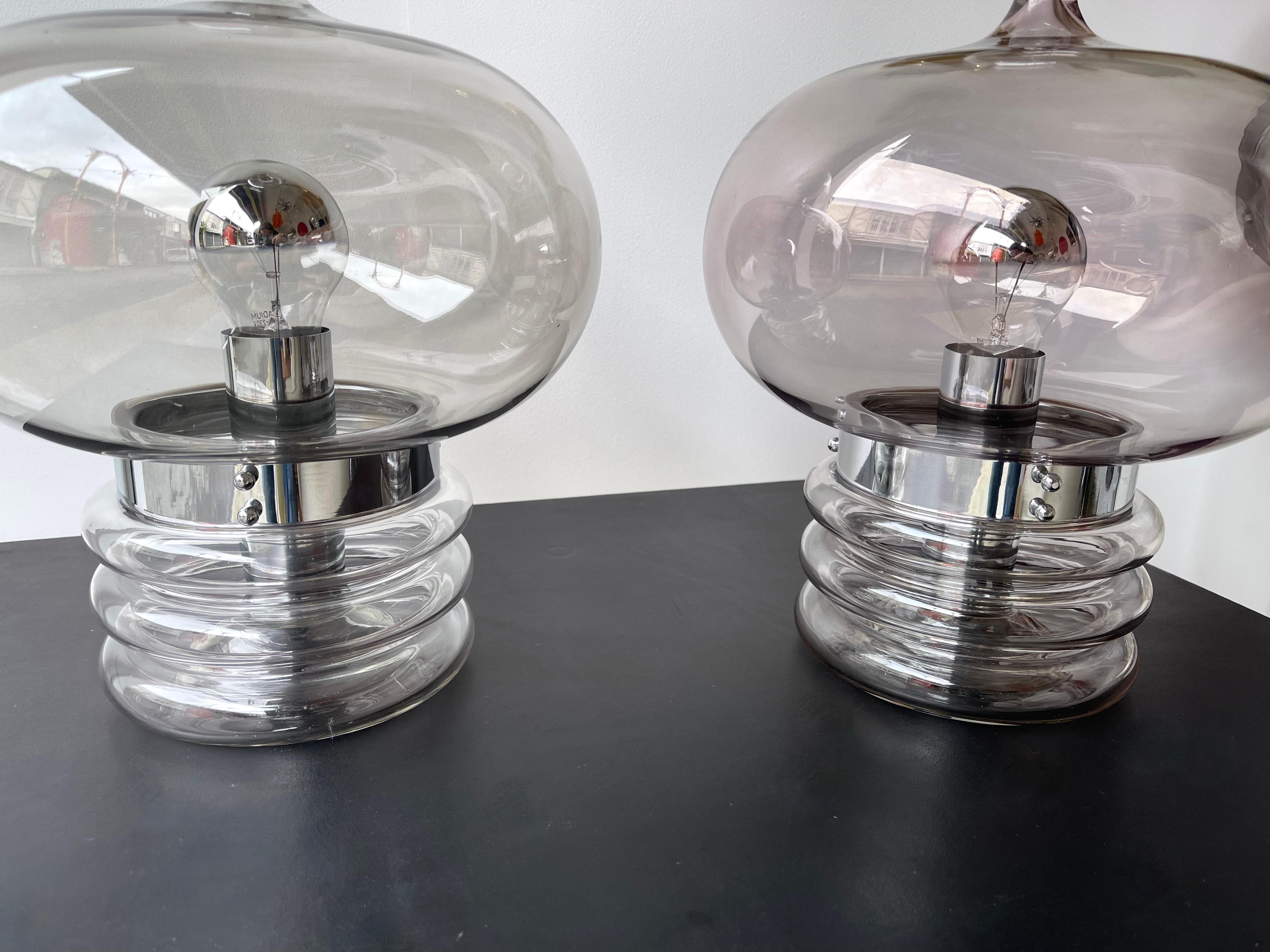 Pair of Gray Smoke Glass and Metal Lamps by Glashütte Limburg, Germany, 1970s For Sale 2
