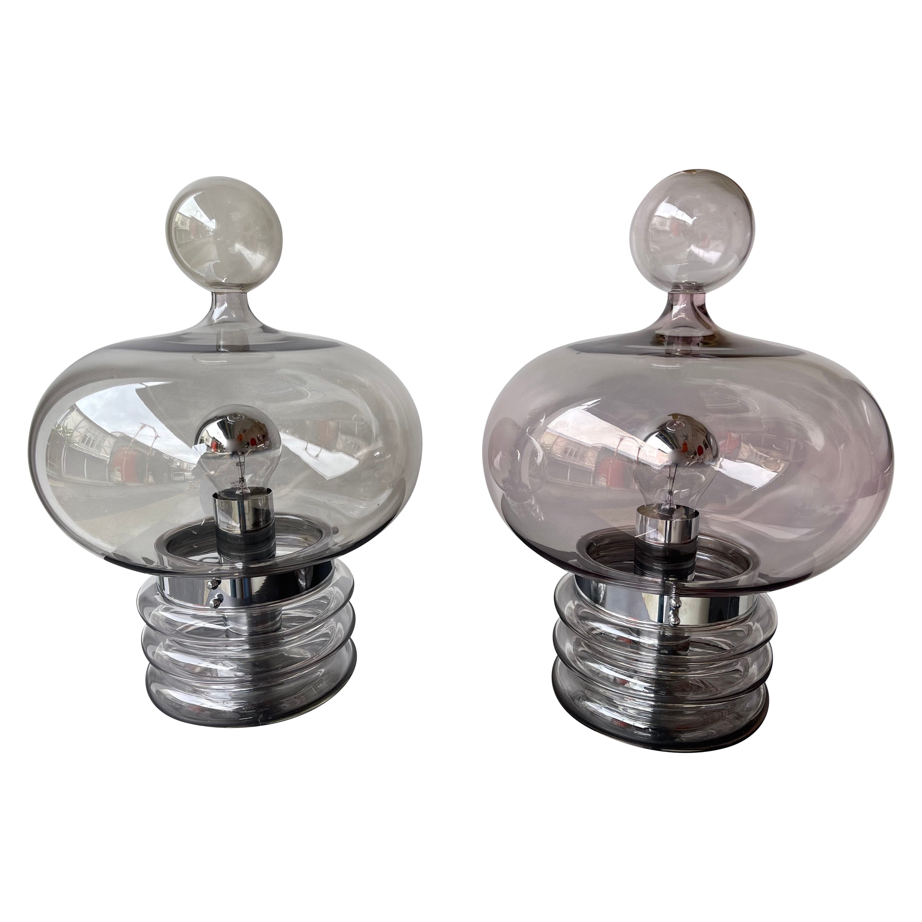 Pair of Gray Smoke Glass and Metal Lamps by Glashütte Limburg, Germany, 1970s For Sale