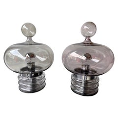 Paire de lampes en verre fumé gris et métal de Glashütte Limburg, Allemagne, 1970