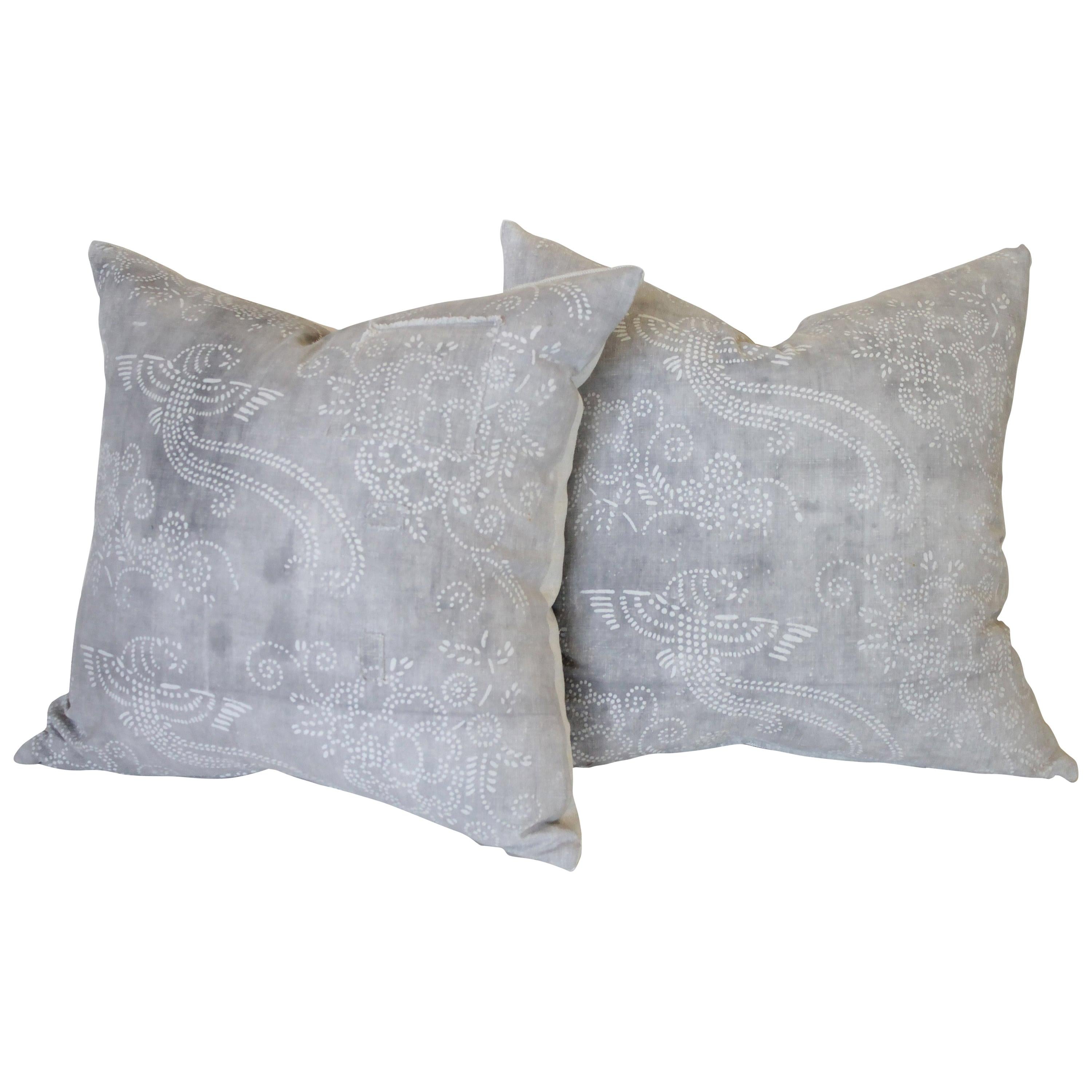 Gray Vintage Batik Style Accent Pillow