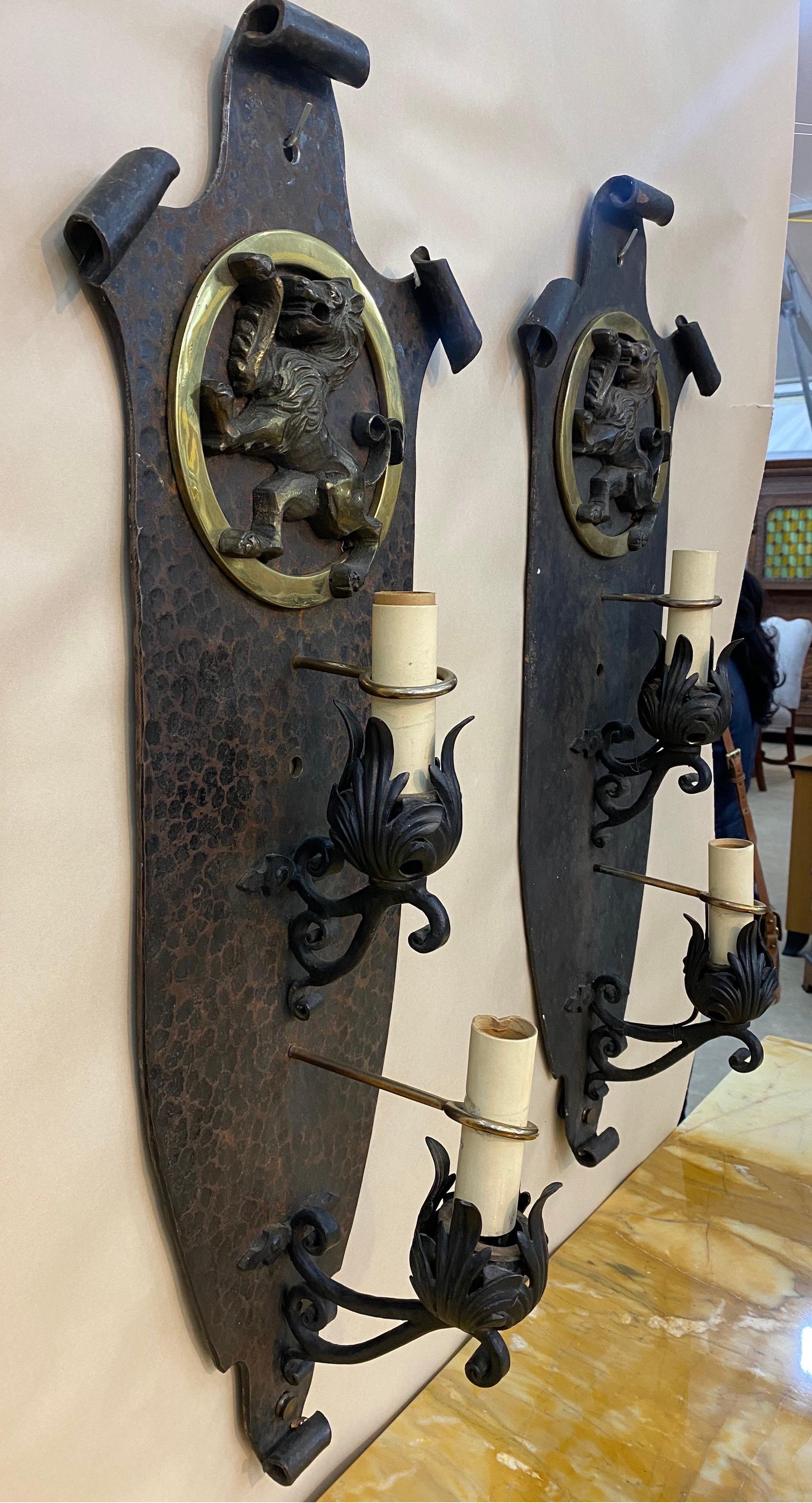 American Pair of Great Quality Hand Hammered Bronze and Iron Sconces, Oscar Bach style For Sale