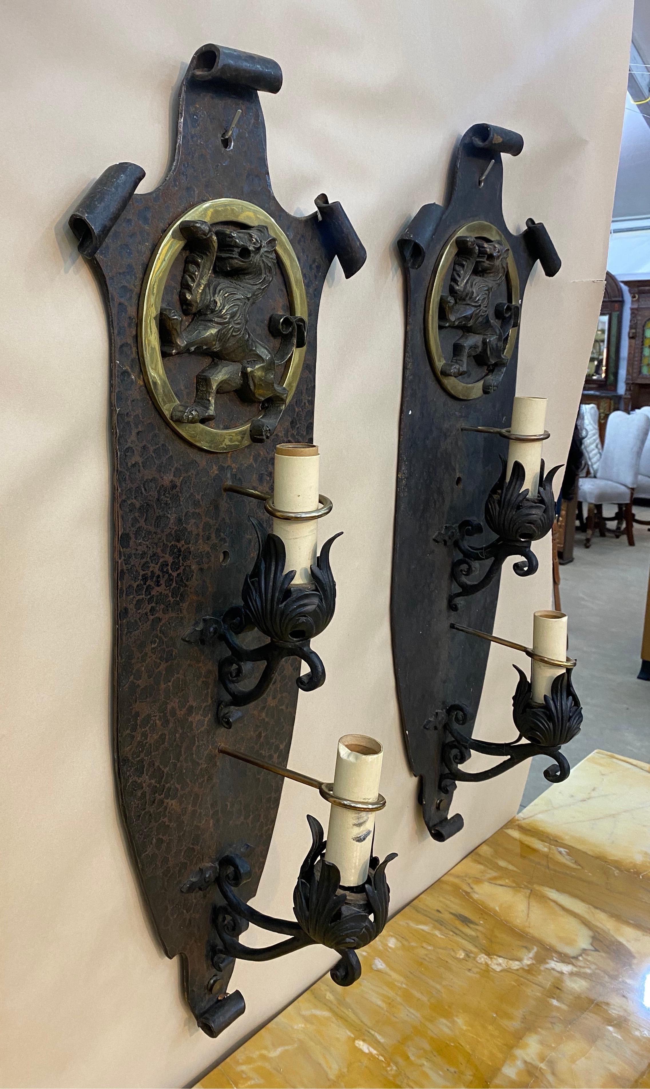 20th Century Pair of Great Quality Hand Hammered Bronze and Iron Sconces, Oscar Bach style For Sale