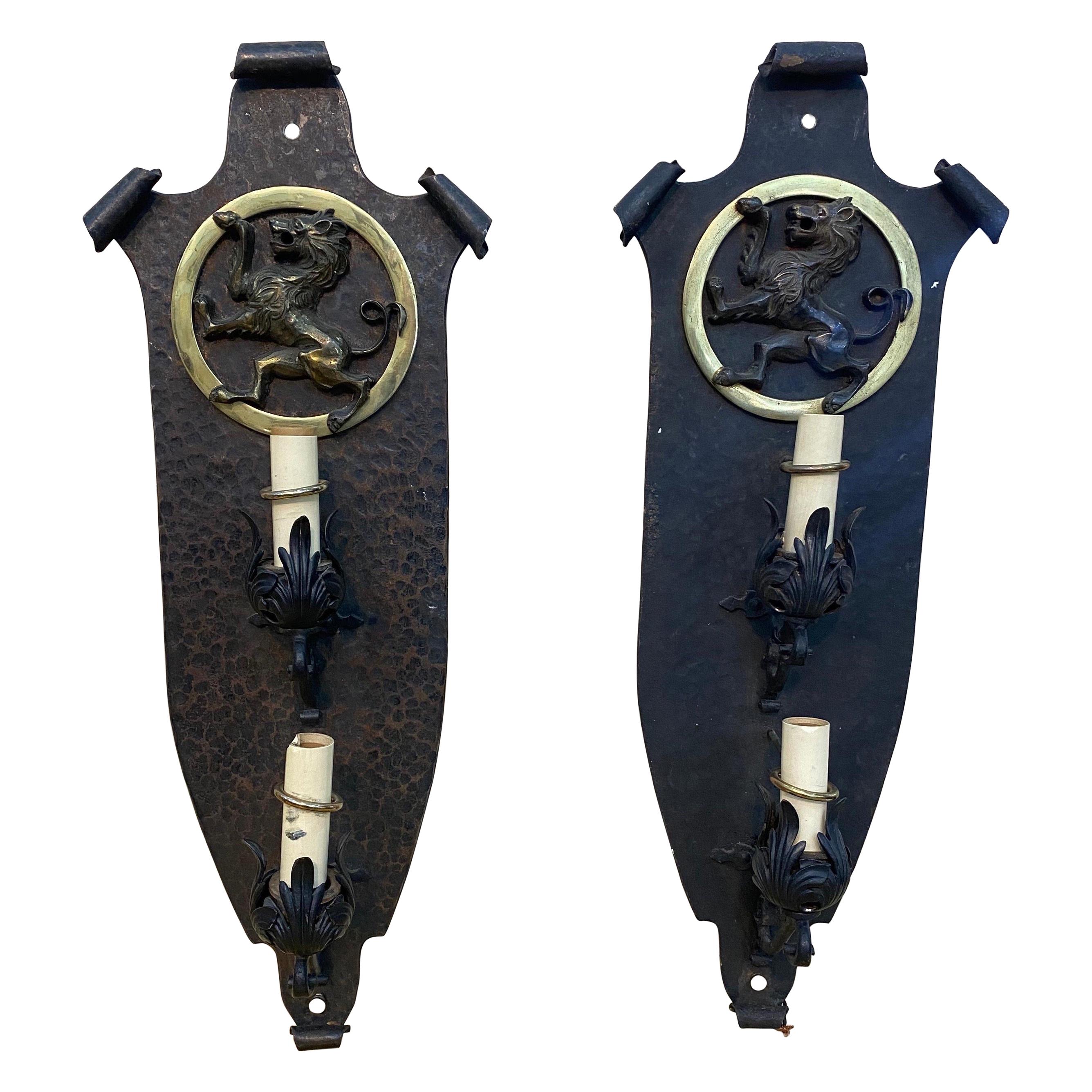 Pair of Great Quality Hand Hammered Bronze and Iron Sconces, Oscar Bach style For Sale