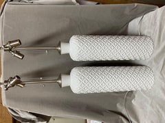 Pair of Great Tall Chic Embossed Ceramic White Vessels with Lamp Application