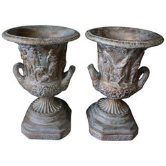 Vintage Pair of Grecian Pottery Jardinières Depicting Carved Grecian Men and Women