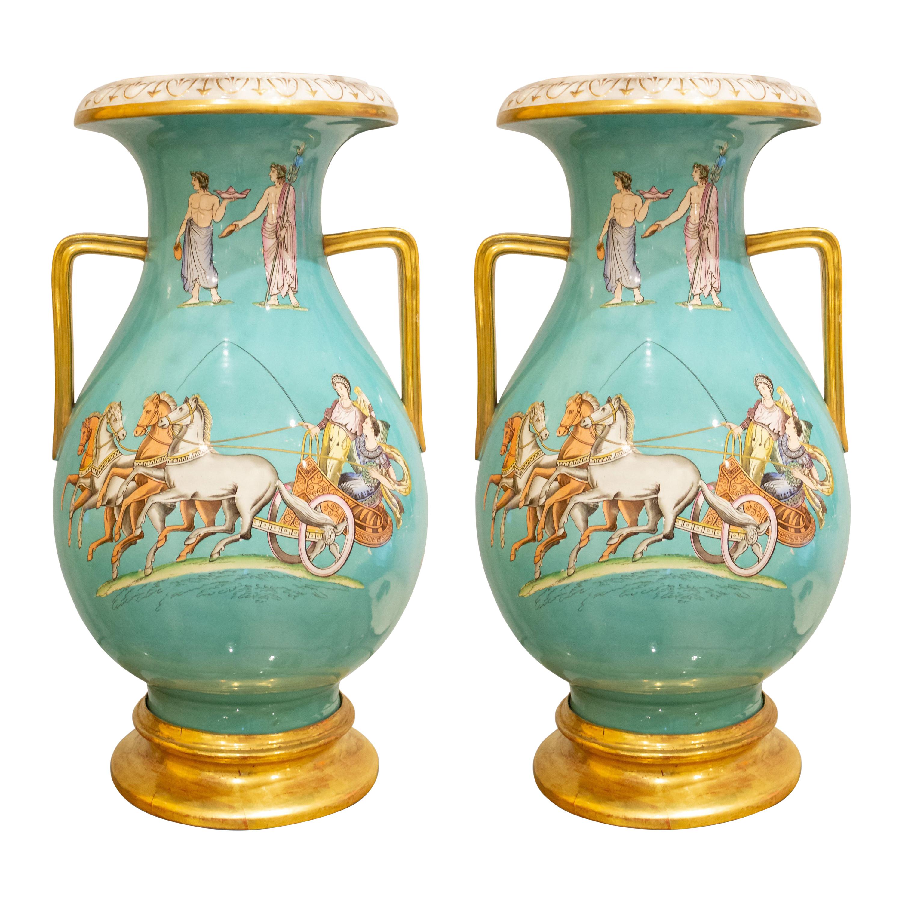 Pair of NeoClassical Grecian Style Glazed Porcelain Vases