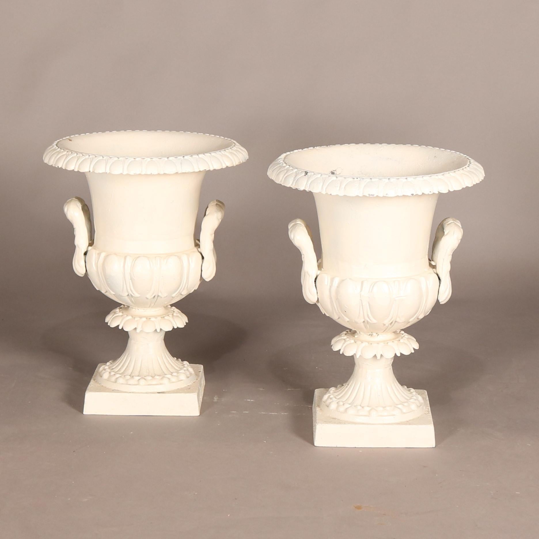 Classical Greek Pair of Grecian Style White Painted Double Handle Garden Urns, 20th C