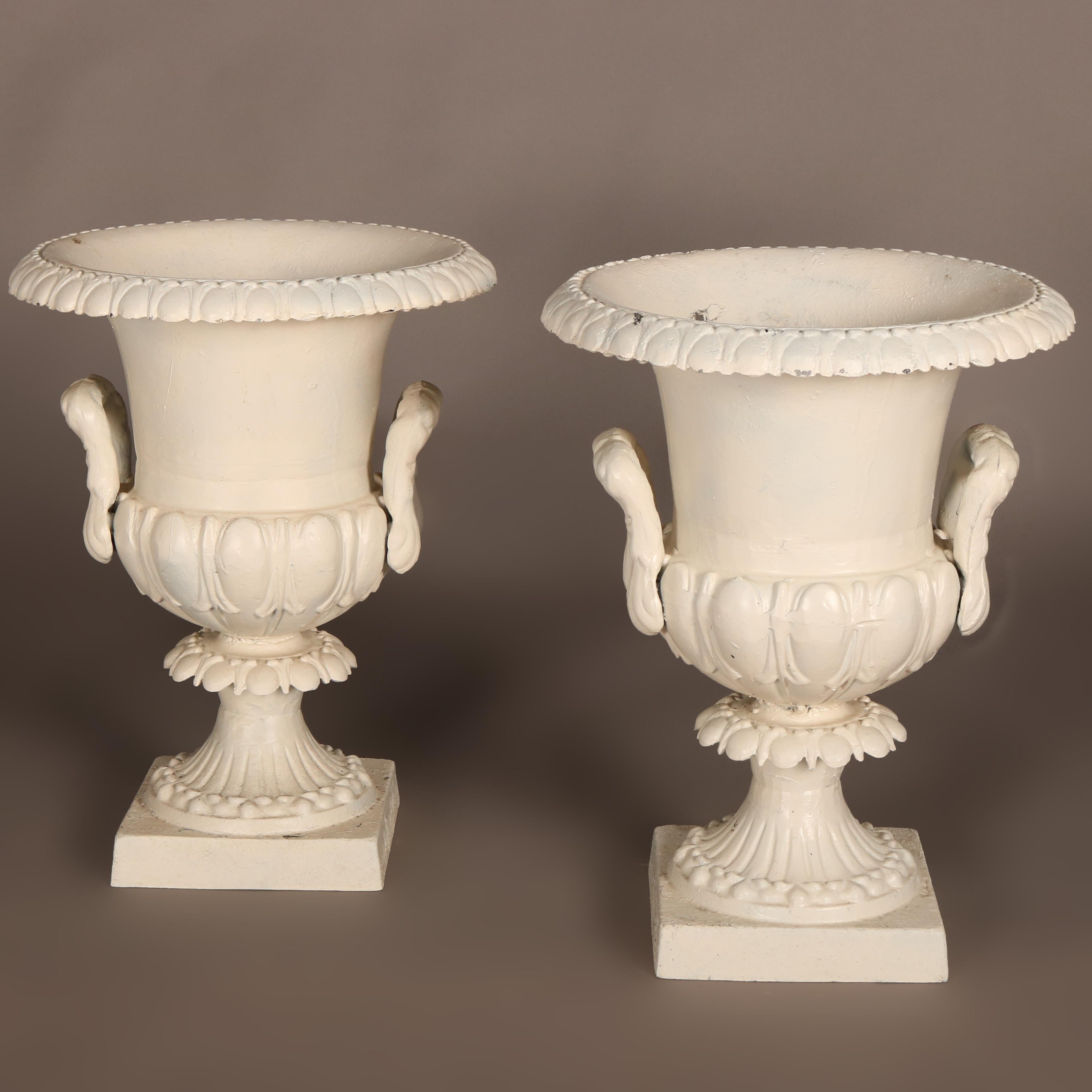 American Pair of Grecian Style White Painted Double Handle Garden Urns, 20th C