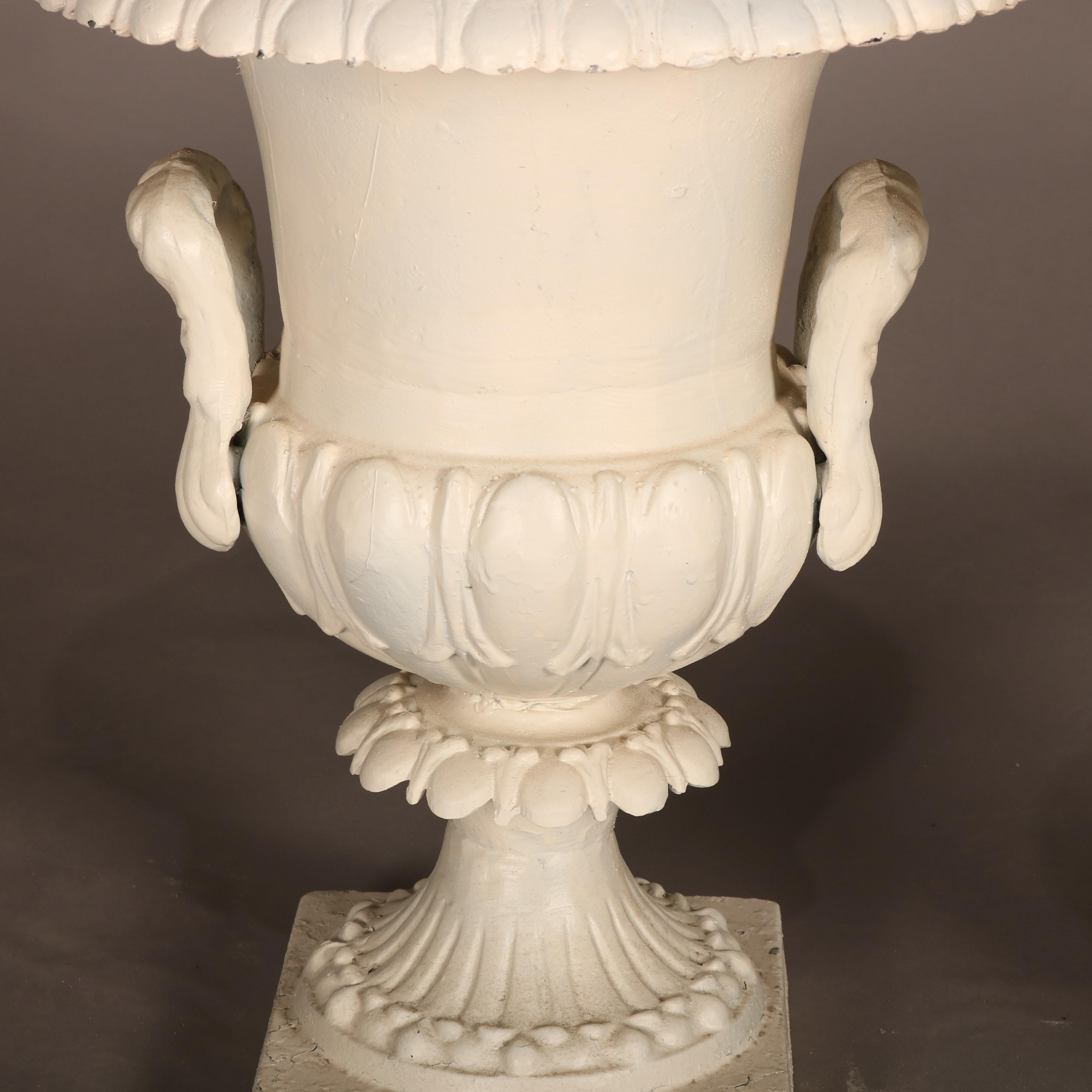 Cast Pair of Grecian Style White Painted Double Handle Garden Urns, 20th C