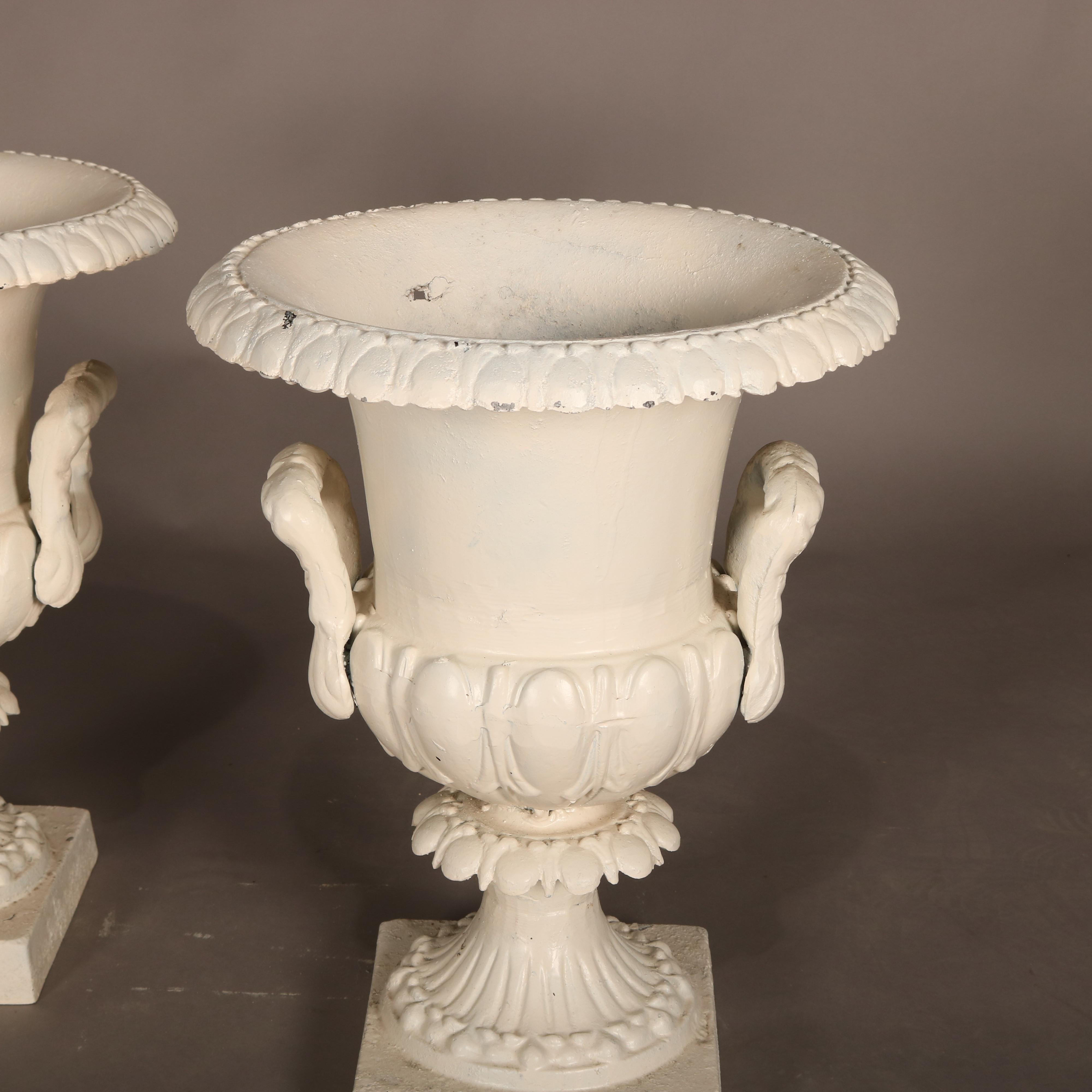 Pair of Grecian Style White Painted Double Handle Garden Urns, 20th C In Good Condition In Big Flats, NY