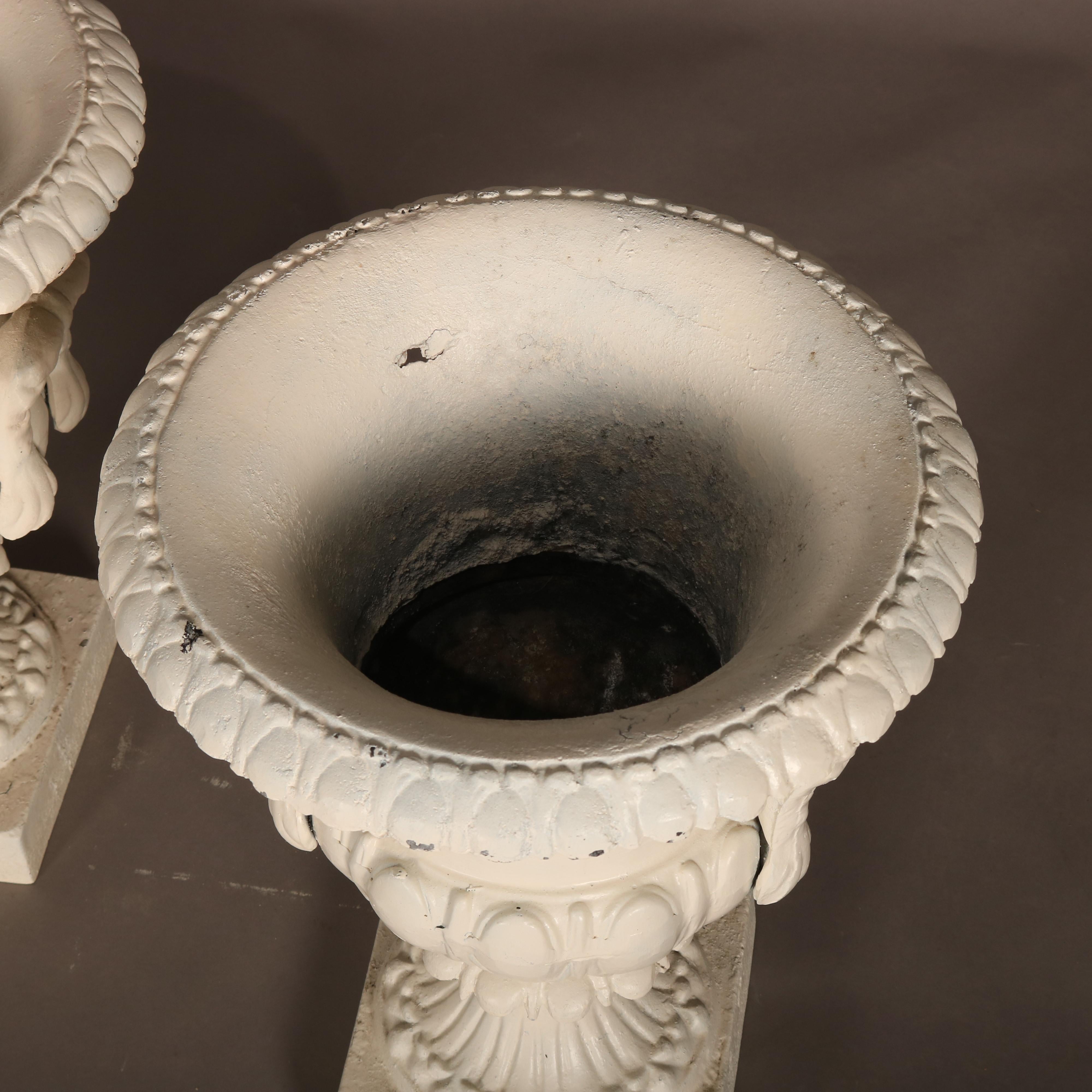 20th Century Pair of Grecian Style White Painted Double Handle Garden Urns, 20th C
