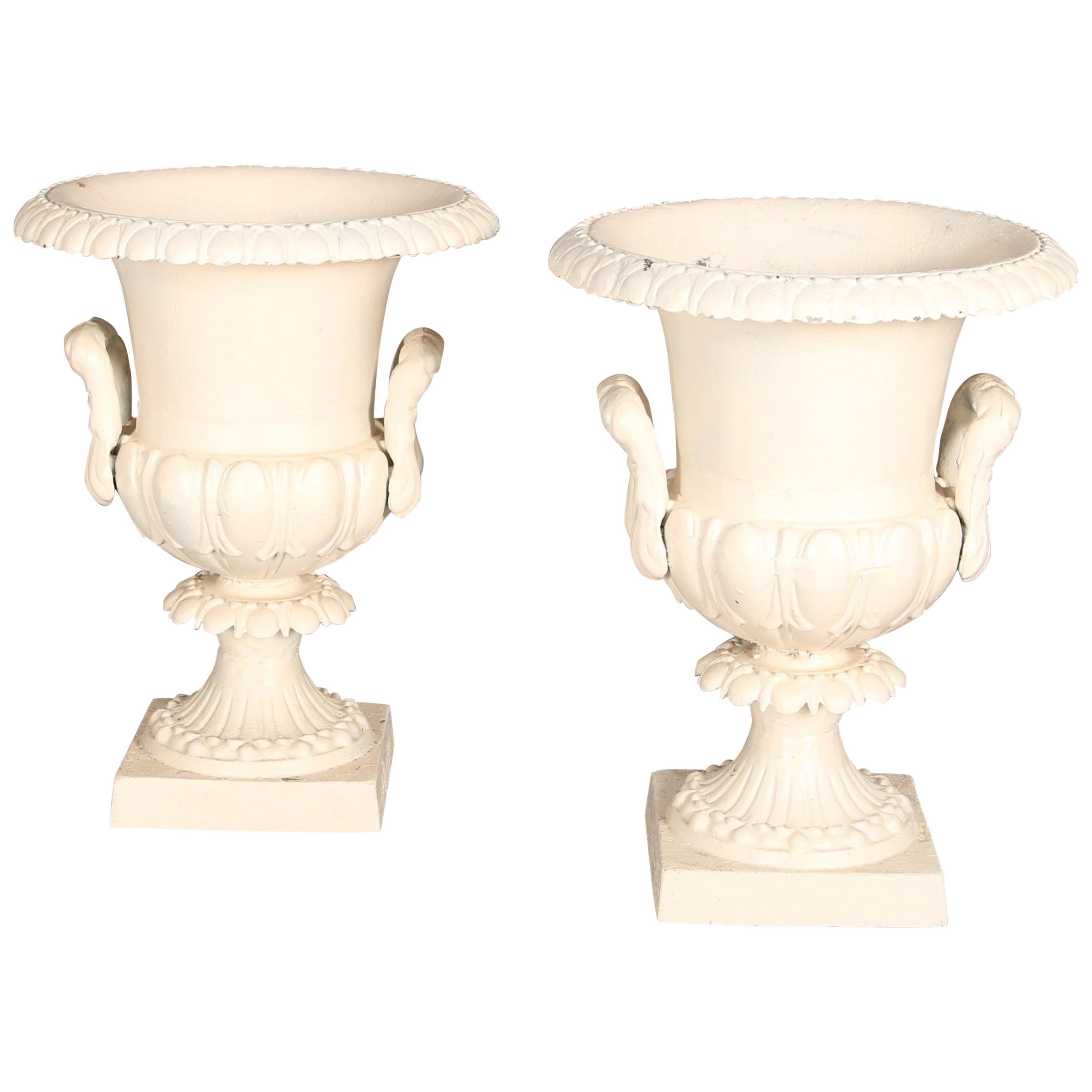 Pair of Grecian Style White Painted Double Handle Garden Urns, 20th C