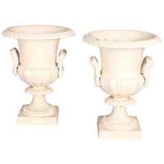 Pair of Grecian Style White Painted Double Handle Garden Urns, 20th C