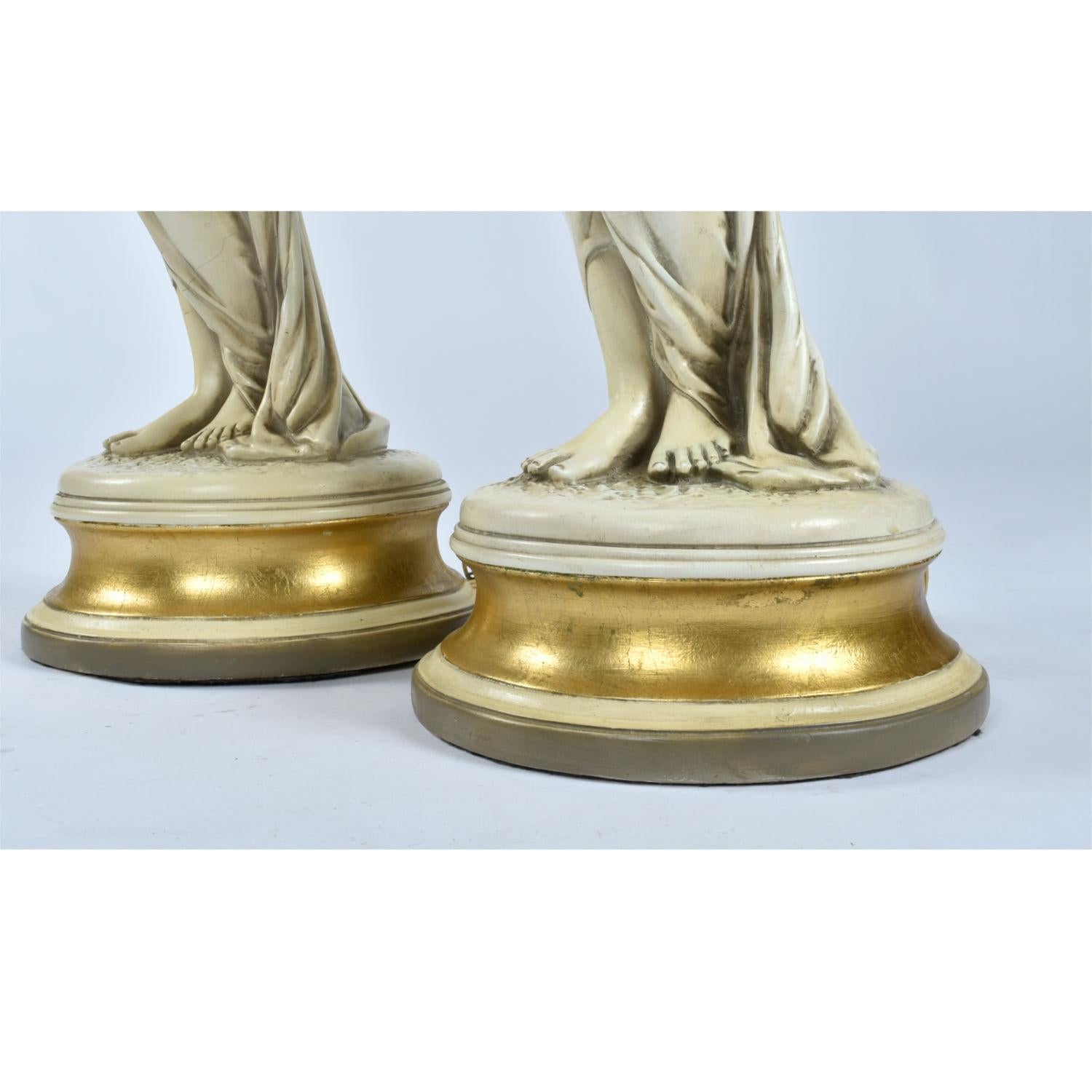 Pair of Greco Roman Muse Goddess Fountain Woman Chalkware Lamps 3