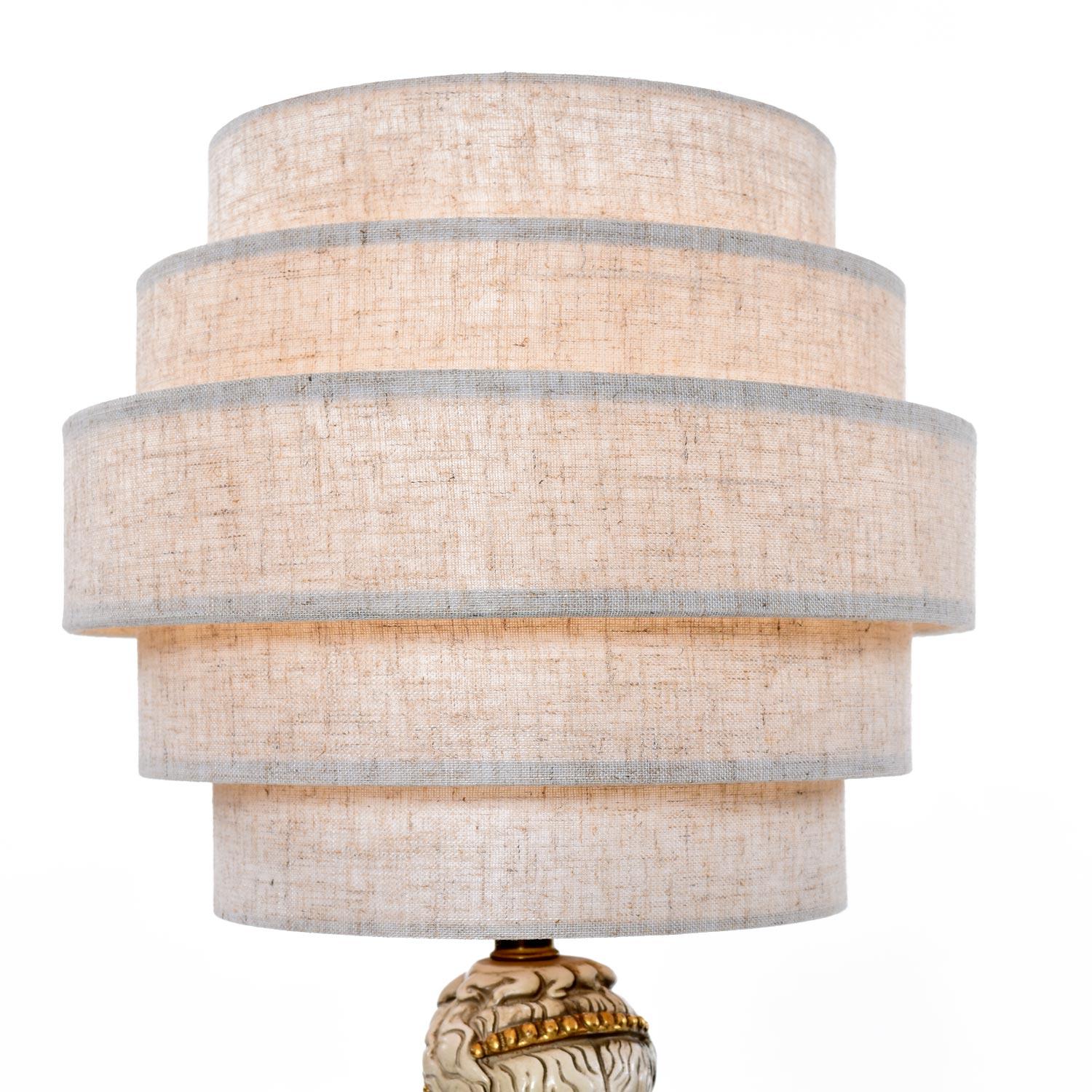 

Incredible pair of Greco Roman muse chalkware lamps. The 36″ tall beautifully modeled lamps capture all the romance and majesty of classical sculpture. Vintage 1960s, on trend at the time with Mediterranean aesthetics. These lamps exude a level of