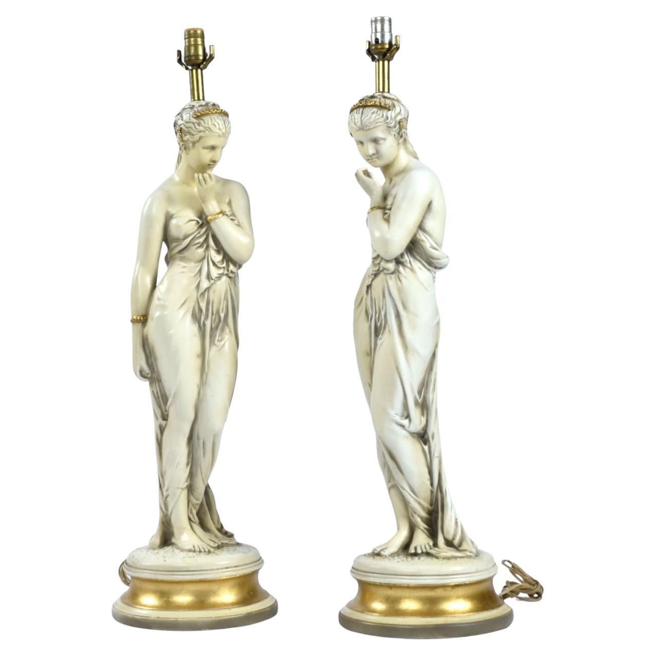 Hollywood Regency Pair of Greco Roman Muse Goddess Fountain Woman Chalkware Lamps