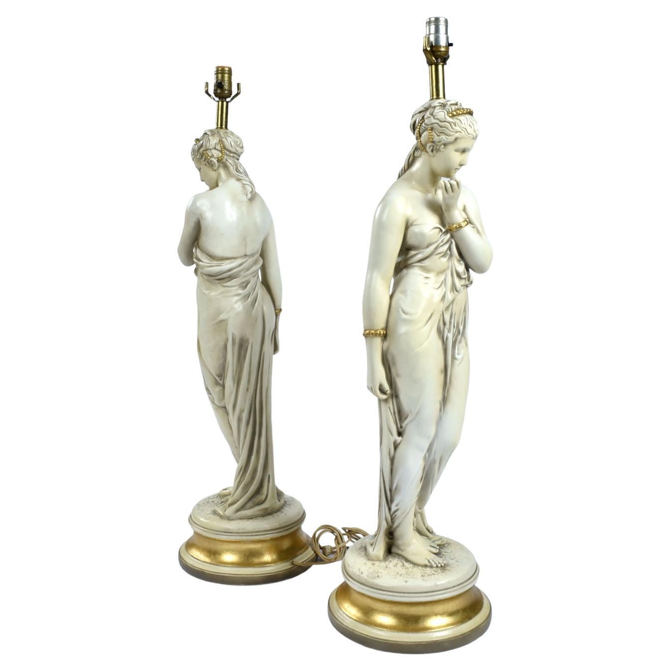 American Pair of Greco Roman Muse Goddess Fountain Woman Chalkware Lamps
