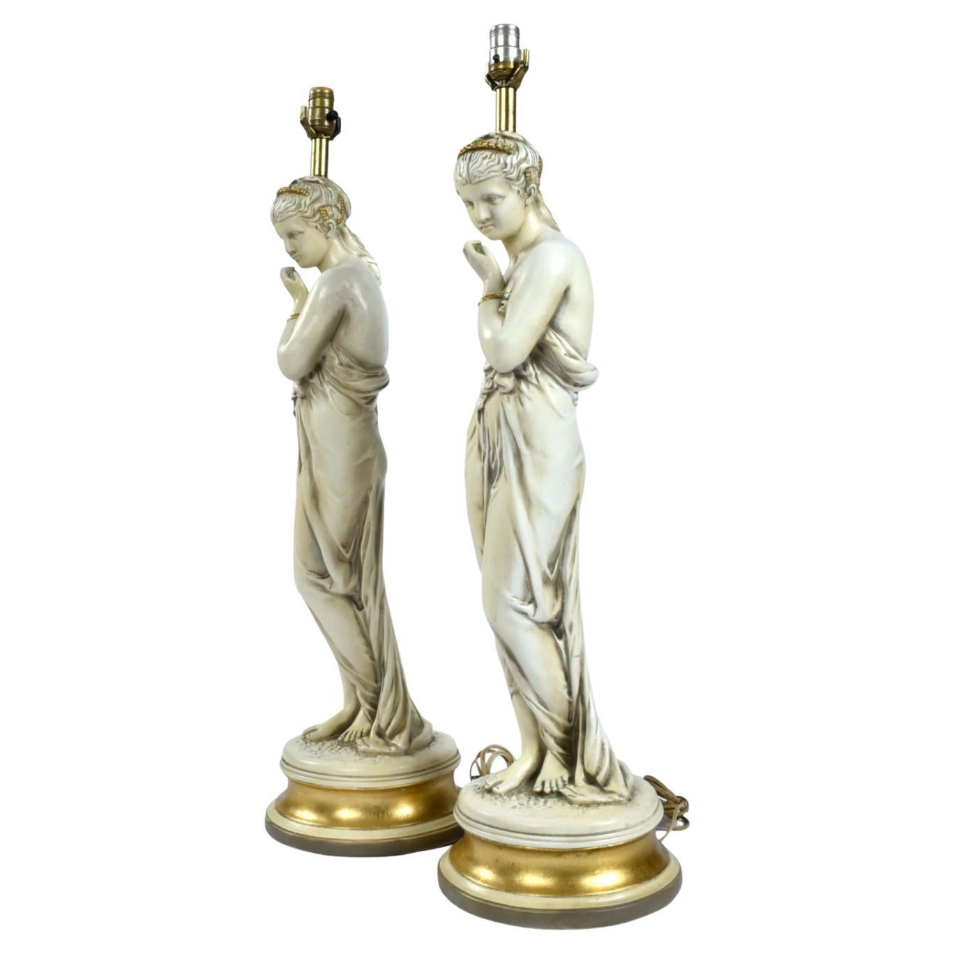 Pair of Greco Roman Muse Goddess Fountain Woman Chalkware Lamps In Excellent Condition In Chattanooga, TN
