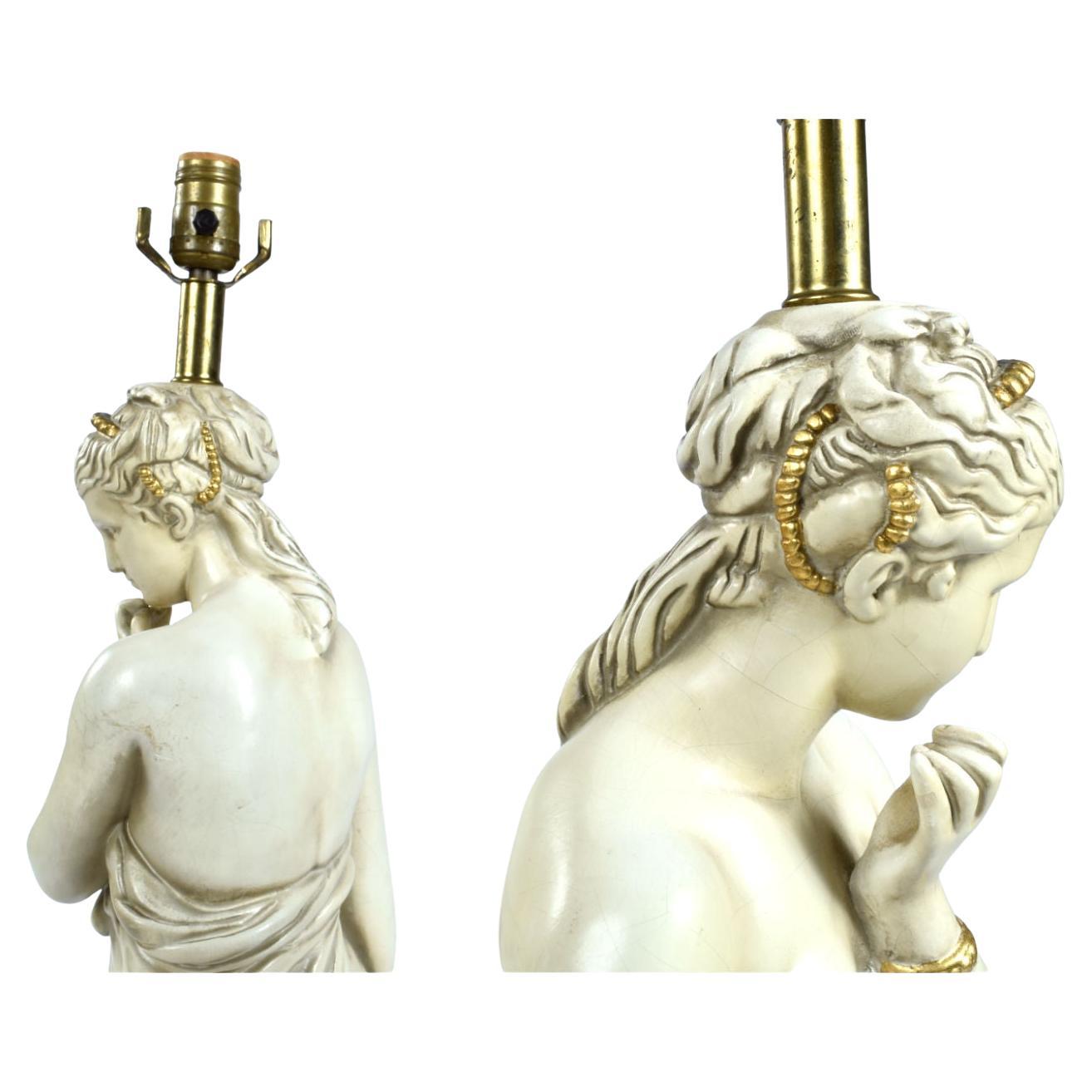 Pair of Greco Roman Muse Goddess Fountain Woman Chalkware Lamps 1