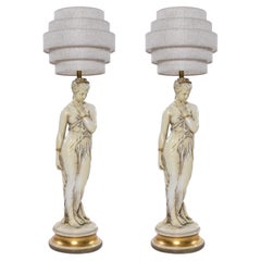 Retro Pair of Greco Roman Muse Goddess Fountain Woman Chalkware Lamps