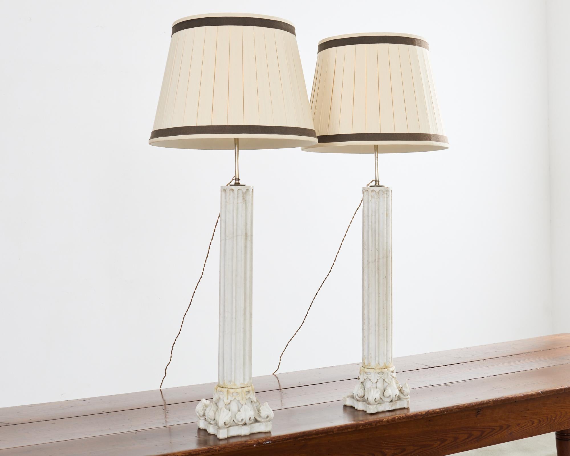 Italian Pair of Greco Roman Neoclassical Marble Column Table Lamps