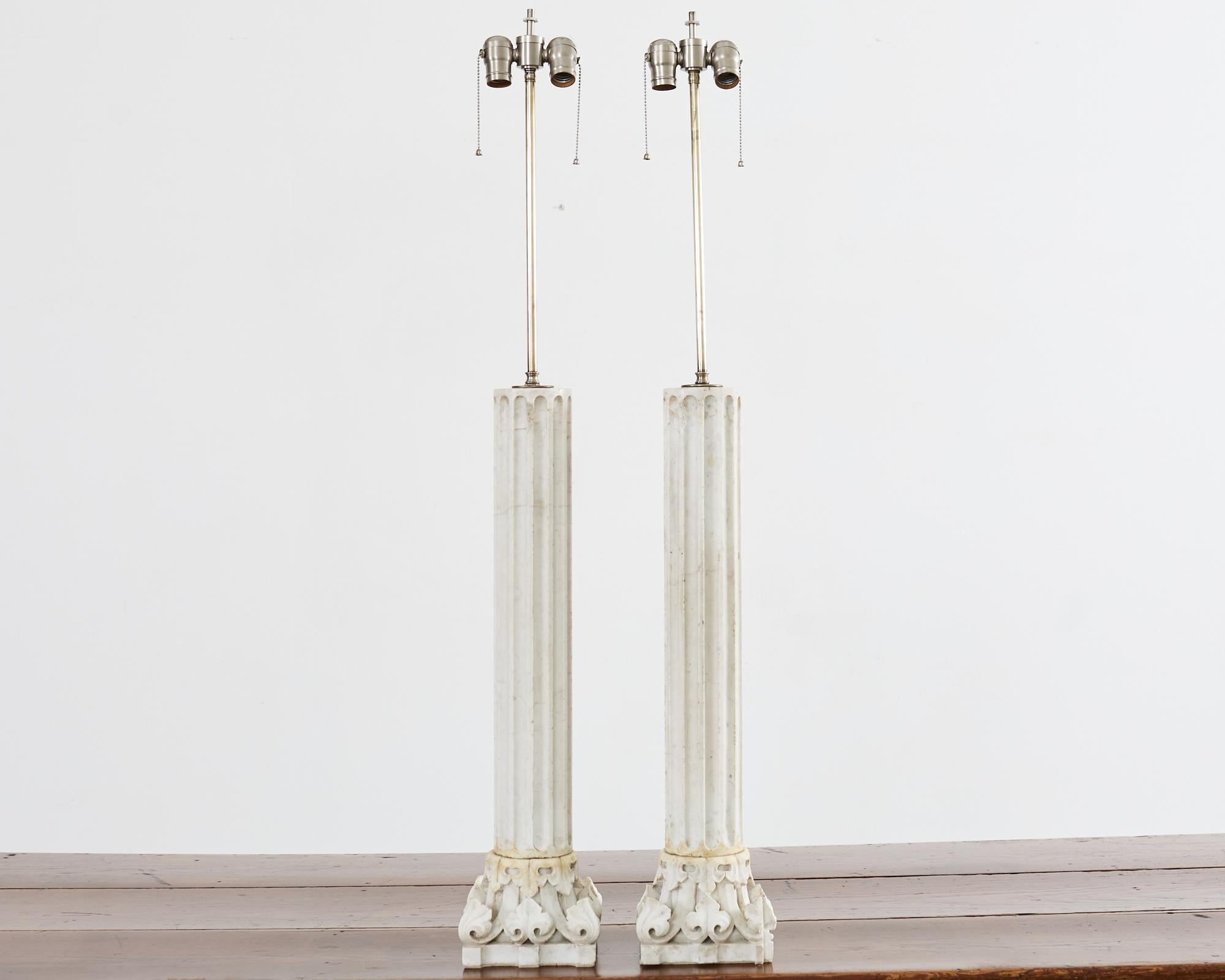 Hand-Crafted Pair of Greco Roman Neoclassical Marble Column Table Lamps