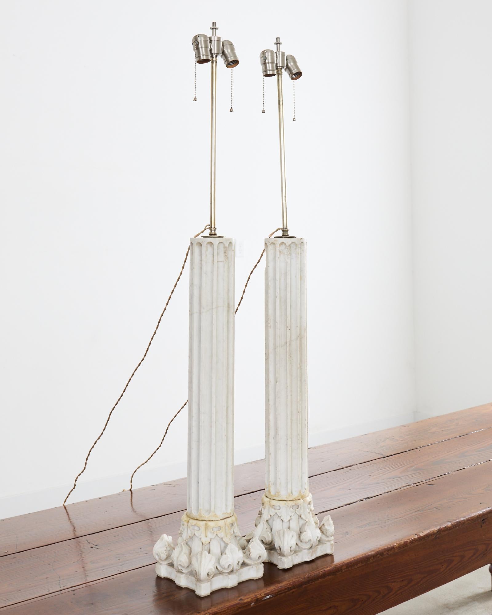 20th Century Pair of Greco Roman Neoclassical Marble Column Table Lamps